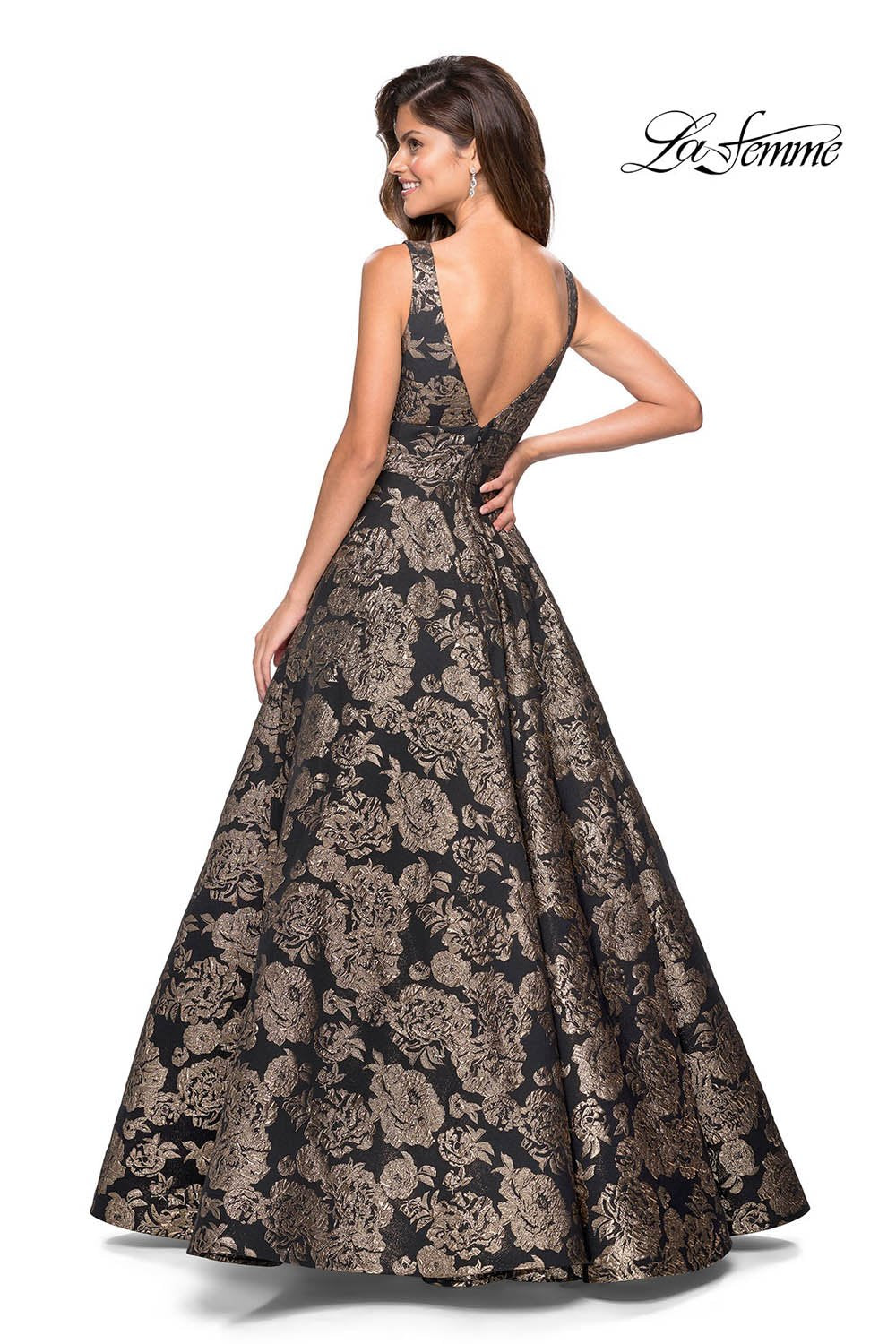 La Femme 27482 prom dress images.  La Femme 27482 is available in these colors: Gold Black.