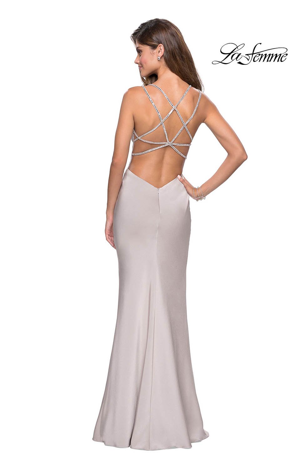 La Femme 27519 prom dress images.  La Femme 27519 is available in these colors: Blush, Cloud Blue, Silver.