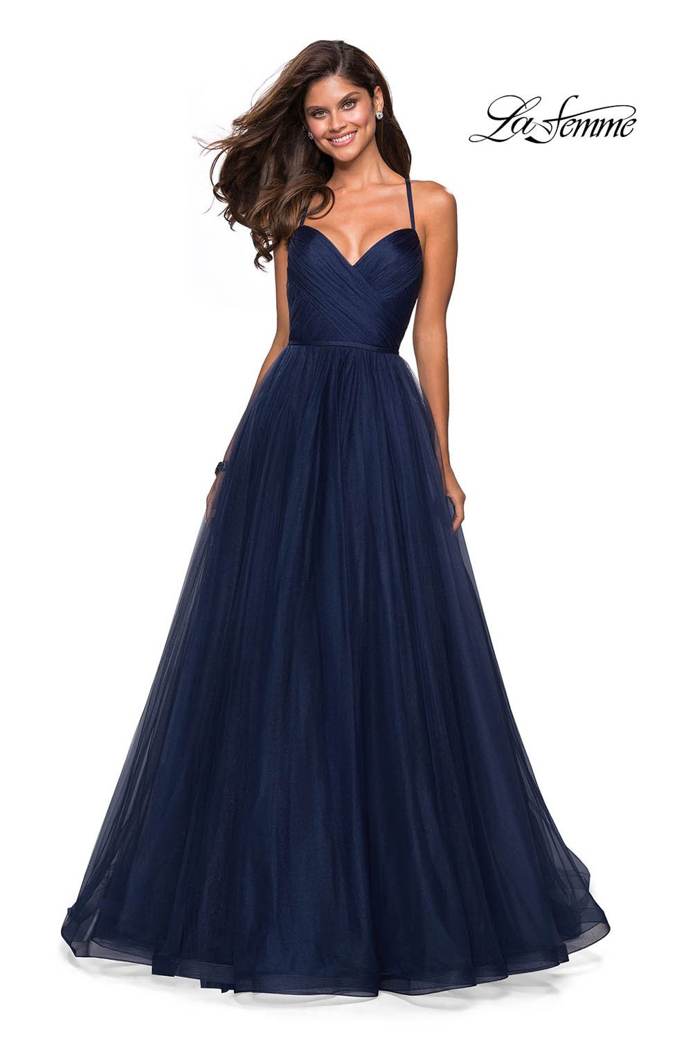 La Femme 27535 prom dress images.  La Femme 27535 is available in these colors: Lavender, Mauve, Navy, Platinum.