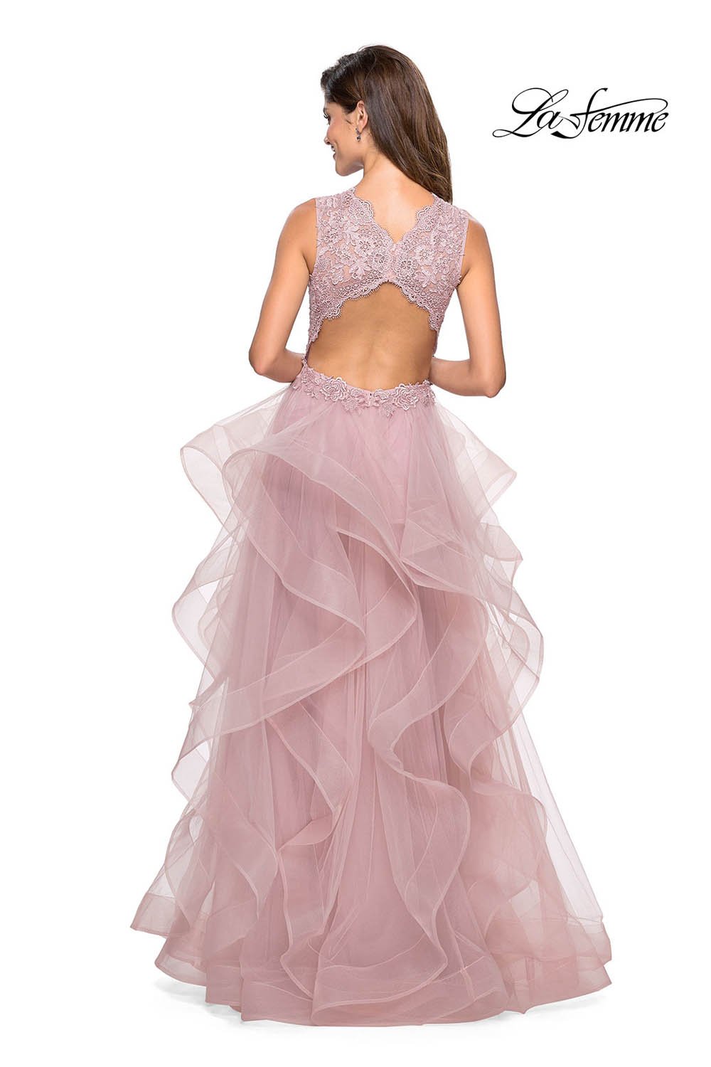 La Femme 27570 prom dress images.  La Femme 27570 is available in these colors: Lilac Mist, Mauve, Platinum, White.