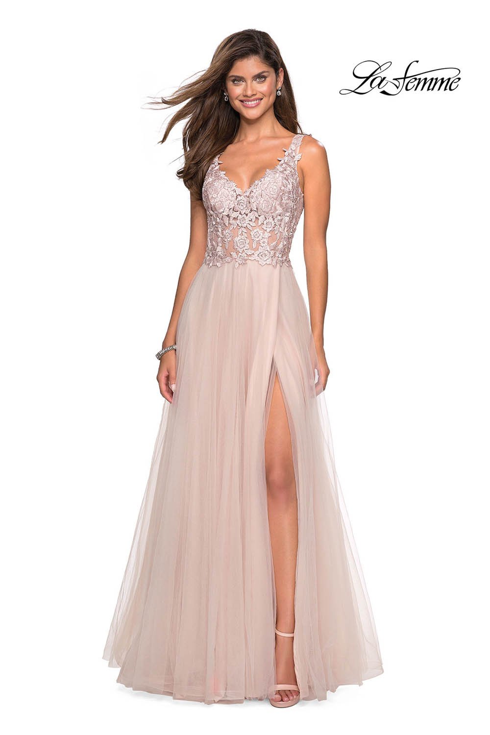 La Femme 27574 prom dress images.  La Femme 27574 is available in these colors: Blush, Gunmetal, Lilac Mist.