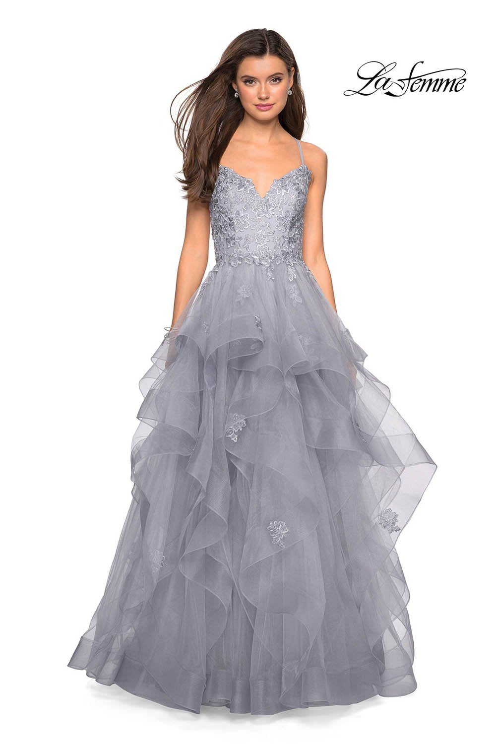 La Femme 27579 prom dress images.  La Femme 27579 is available in these colors: Dusty Mauve, Powder Blue, Silver.