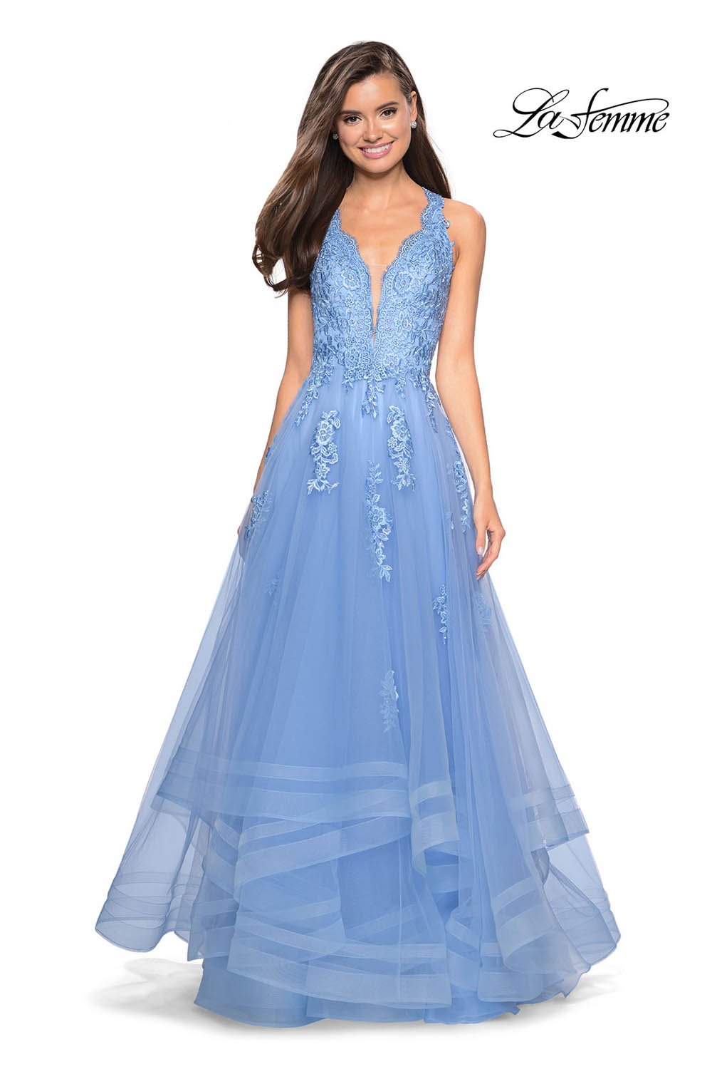 La Femme 27603 prom dress images.  La Femme 27603 is available in these colors: Cloud Blue, Lilac Mist, White.