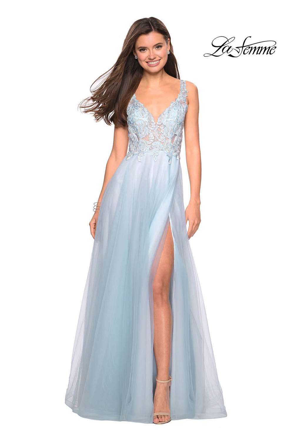 La Femme 27621 prom dress images.  La Femme 27621 is available in these colors: Cloud Blue, Light Pink.