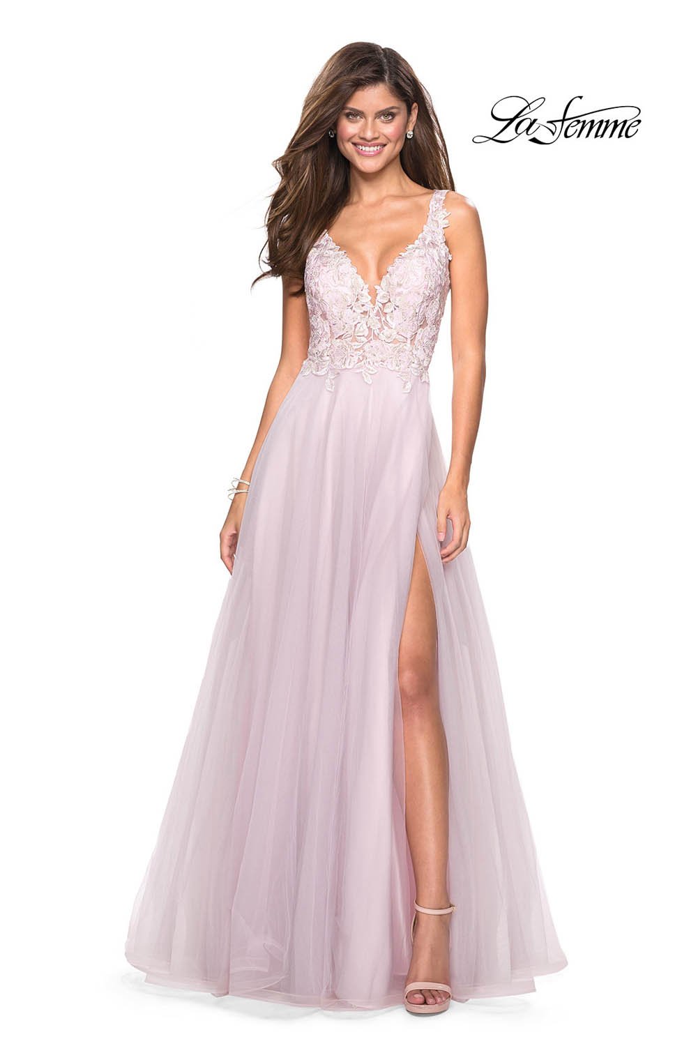 La Femme 27621 prom dress images.  La Femme 27621 is available in these colors: Cloud Blue, Light Pink.