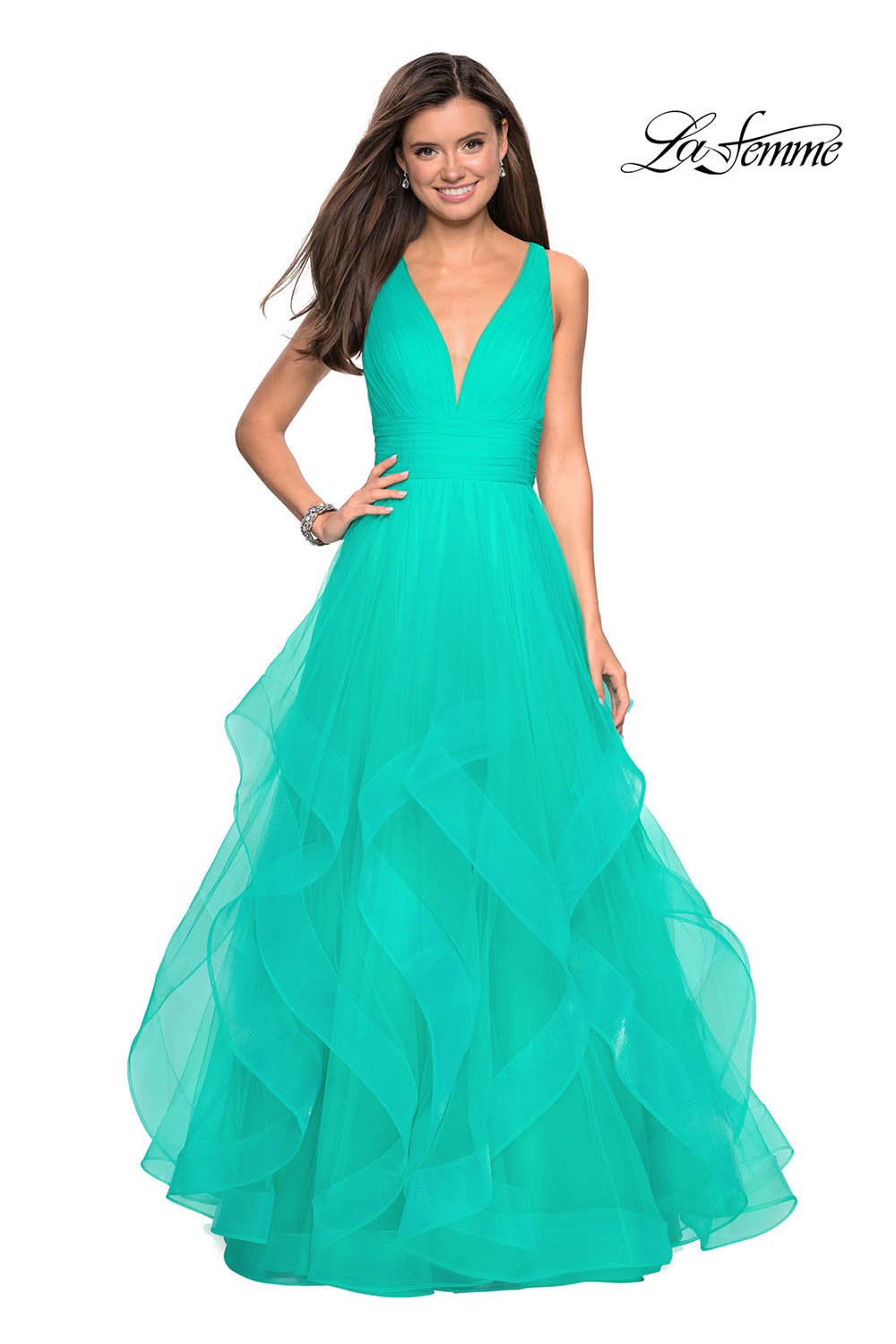 La Femme 27628 prom dress images.  La Femme 27628 is available in these colors: Aquamarine, Black, Lilac Mist, Mauve.