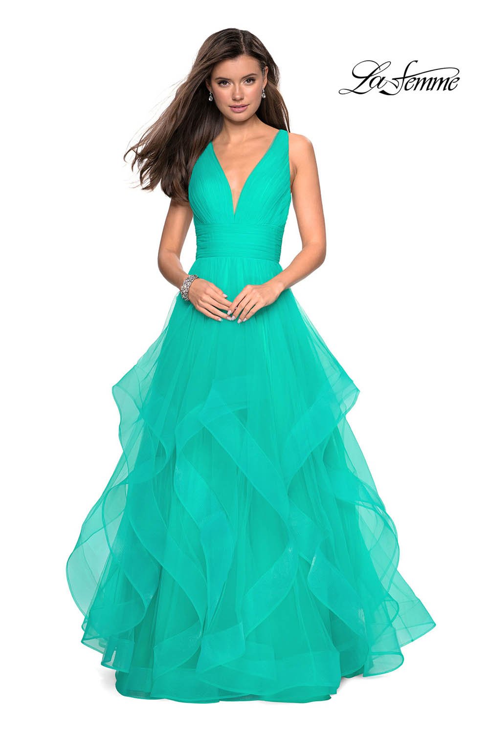 La Femme 27628 prom dress images.  La Femme 27628 is available in these colors: Aquamarine, Black, Lilac Mist, Mauve.