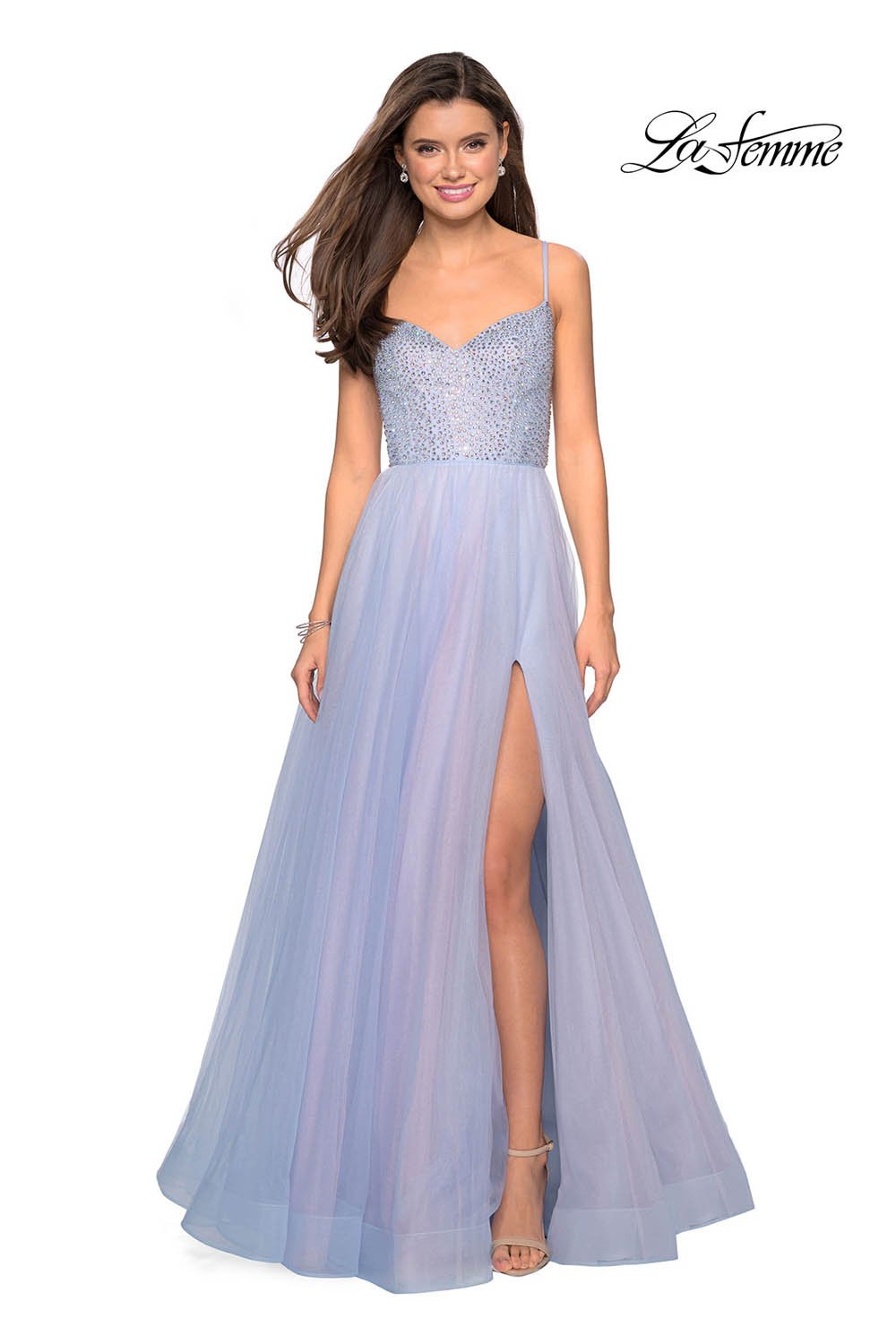 La Femme 27636 prom dress images.  La Femme 27636 is available in these colors: Blue Pink, Mauve.