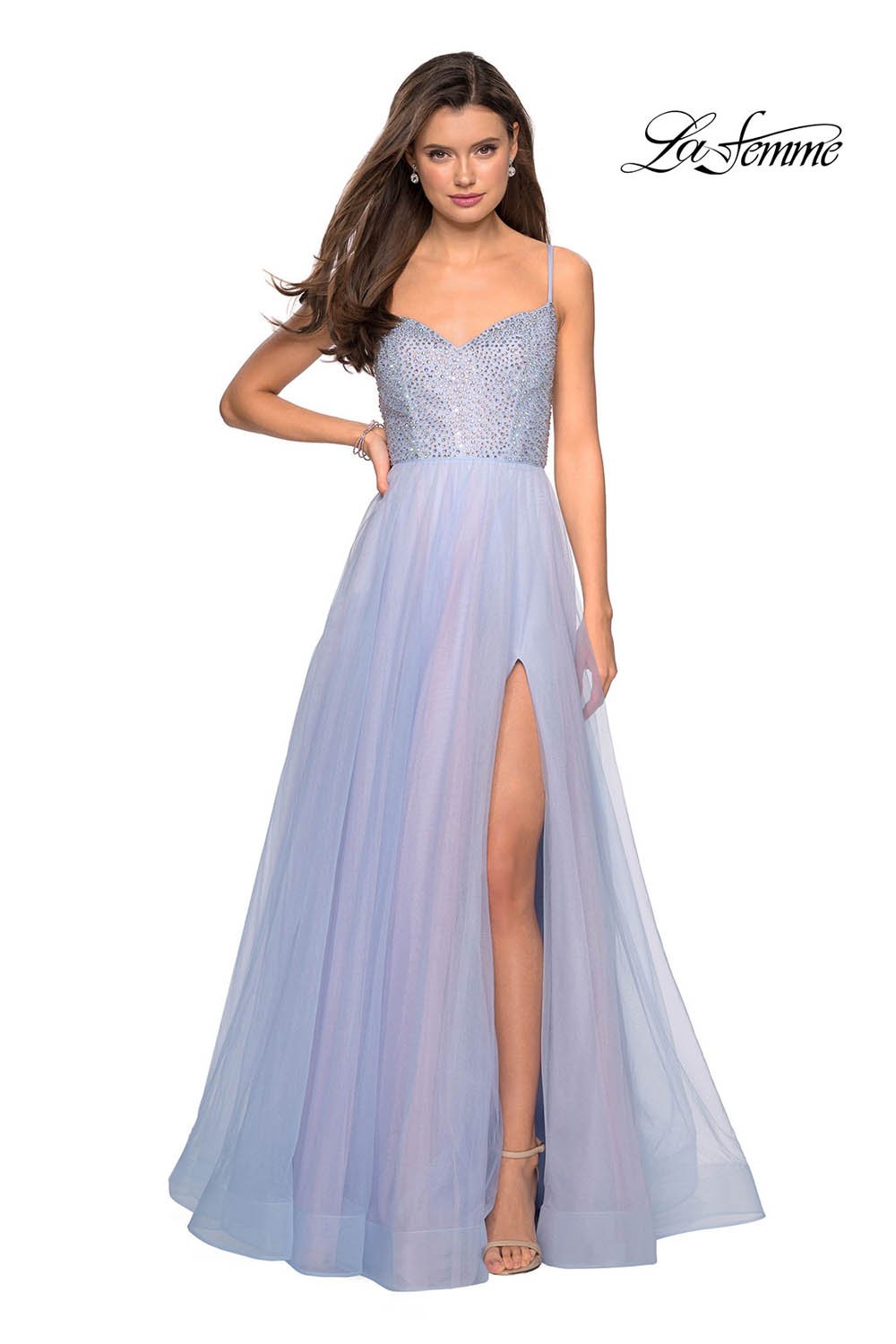 La Femme 27636 prom dress images.  La Femme 27636 is available in these colors: Blue Pink, Mauve.