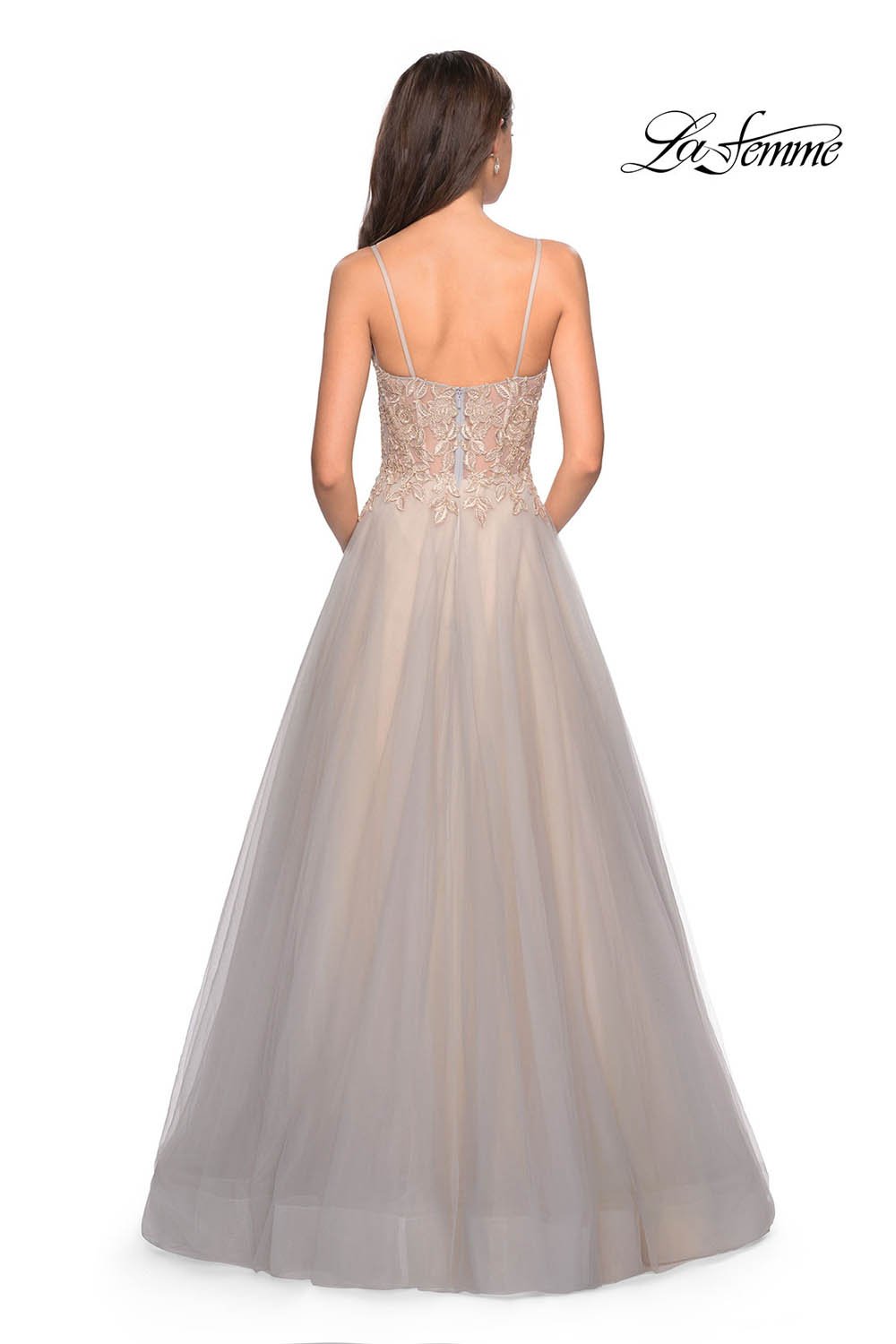 La Femme 27674 prom dress images.  La Femme 27674 is available in these colors: Gray Nude.