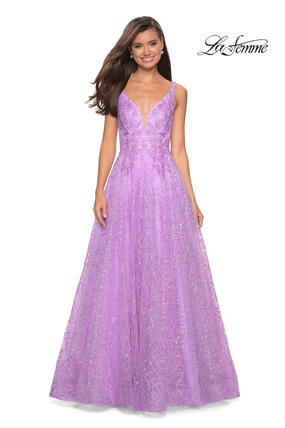 La Femme 27719 prom dress images.  La Femme 27719 is available in these colors: Cloud Blue, Lavender, Pale Yellow, Silver.