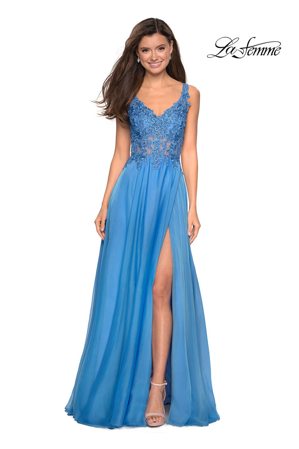 La Femme 27751 prom dress images.  La Femme 27751 is available in these colors: Cloud Blue, Mauve, Yellow.