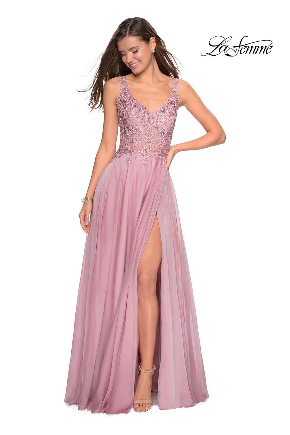 La Femme 27751 prom dress images.  La Femme 27751 is available in these colors: Cloud Blue, Mauve, Yellow.