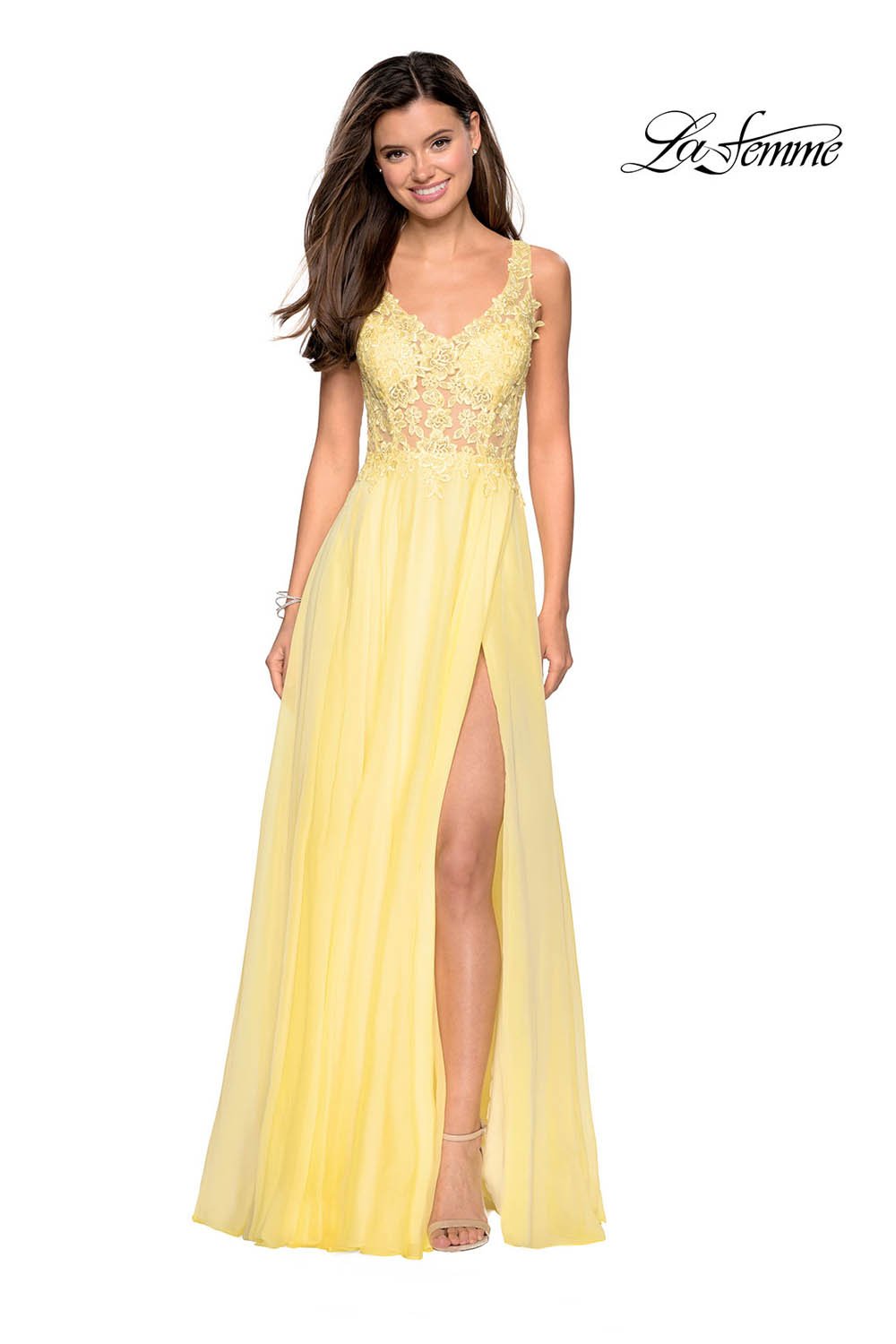 La Femme 27751 prom dress images.  La Femme 27751 is available in these colors: Cloud Blue, Mauve, Yellow.