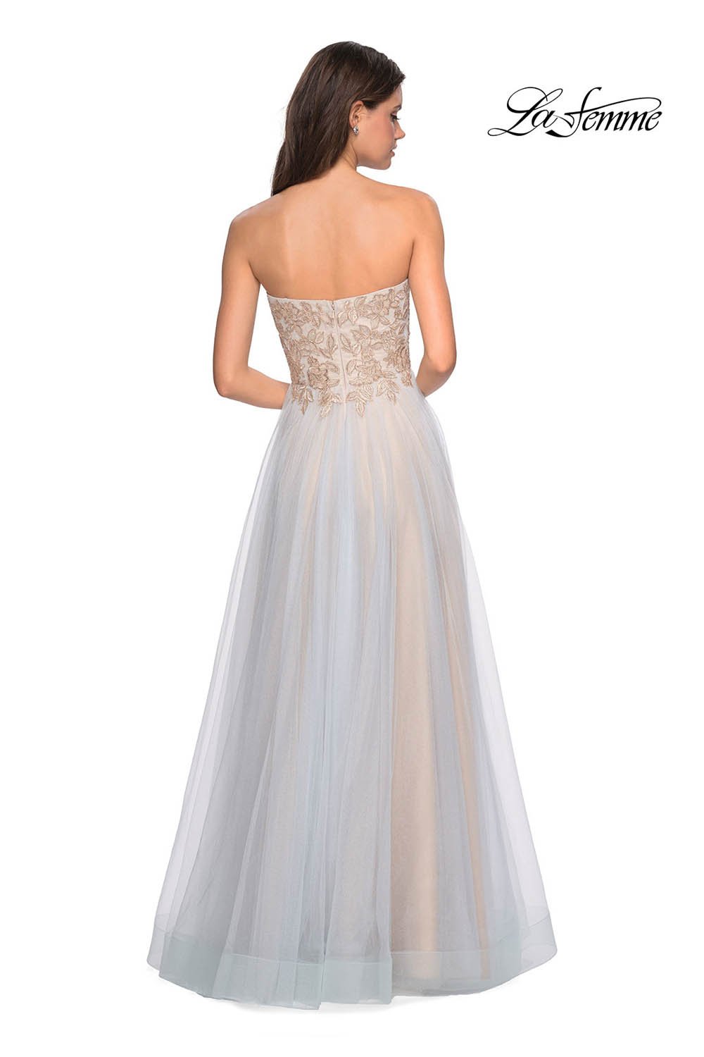 La Femme 27795 prom dress images.  La Femme 27795 is available in these colors: Cloud Blue Gold.