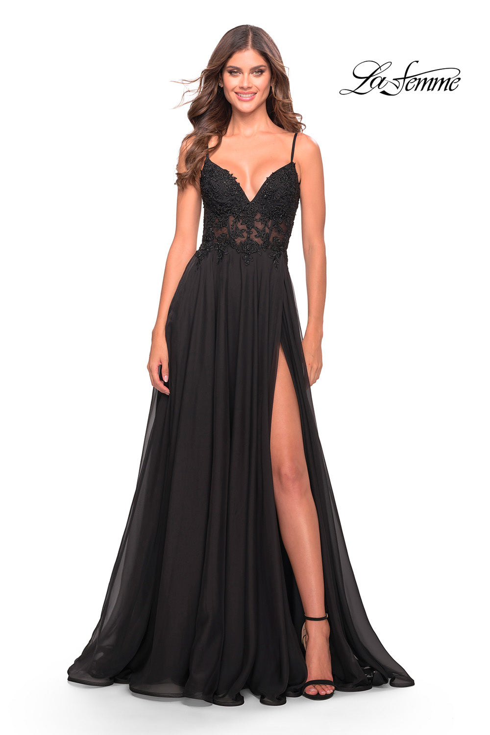 La Femme 30639 prom dress images.  La Femme 30639 is available in these colors: Black, Dark Emerald.