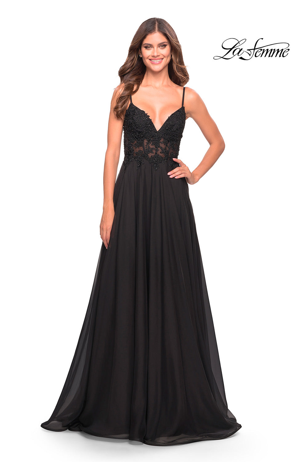 La Femme 30639 prom dress images.  La Femme 30639 is available in these colors: Black, Dark Emerald.