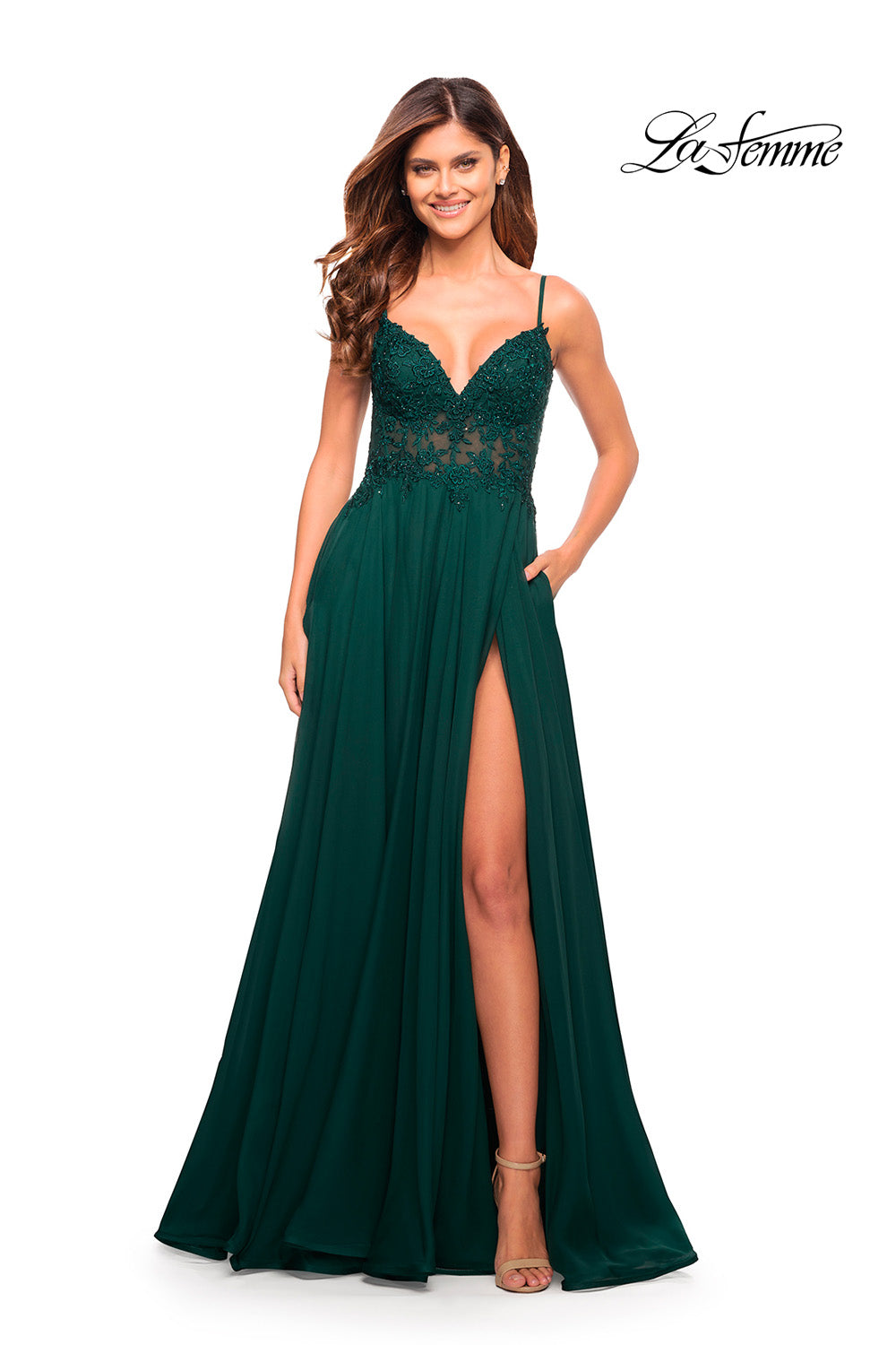 La Femme 30639 prom dress images.  La Femme 30639 is available in these colors: Black, Dark Emerald.