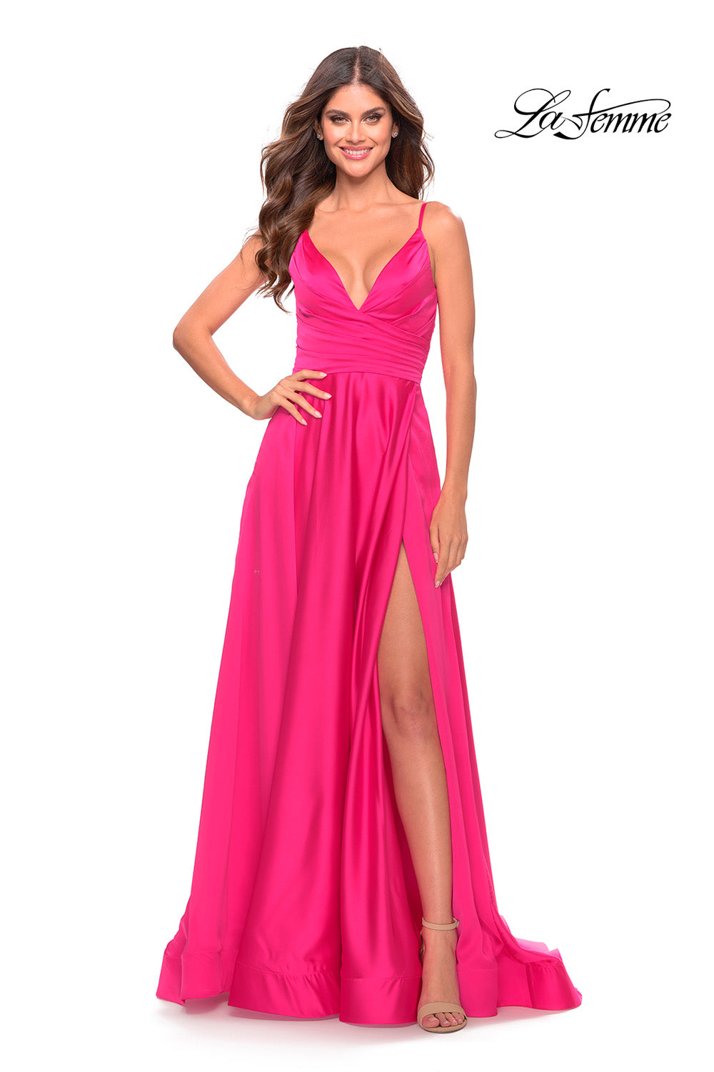 La Femme 31121 prom dress images.  La Femme 31121 is available in these colors: Hot Coral, Neon Pink.