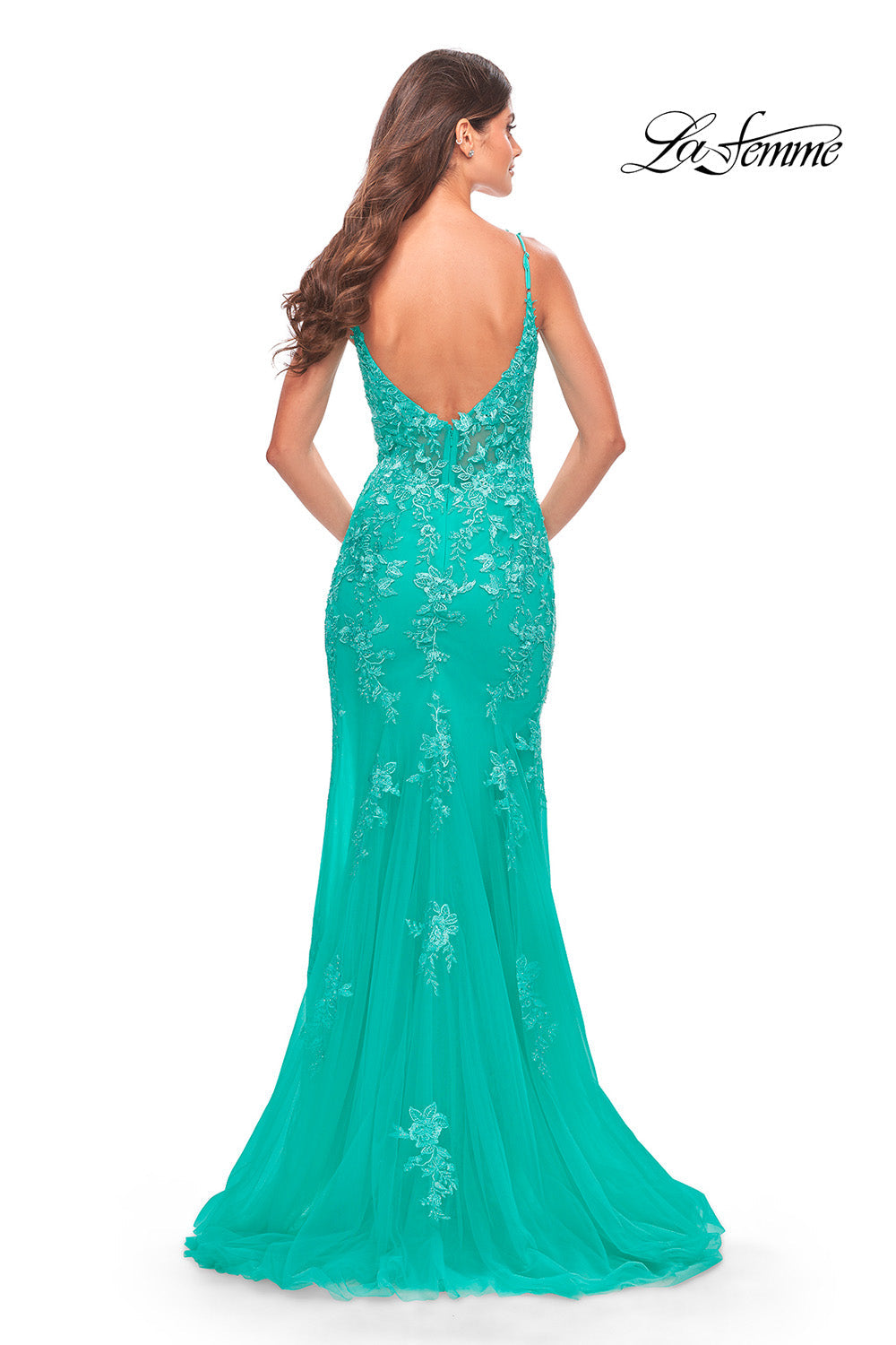 La Femme 31125 prom dress images.  La Femme 31125 is available in these colors: Aqua, Light Periwinkle, Neon Pink.