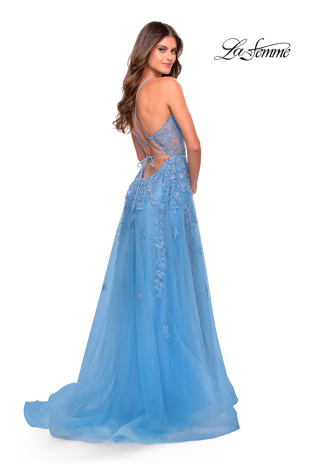 La Femme 31284 prom dress images.  La Femme 31284 is available in these colors: Cloud Blue, Royal Purple.