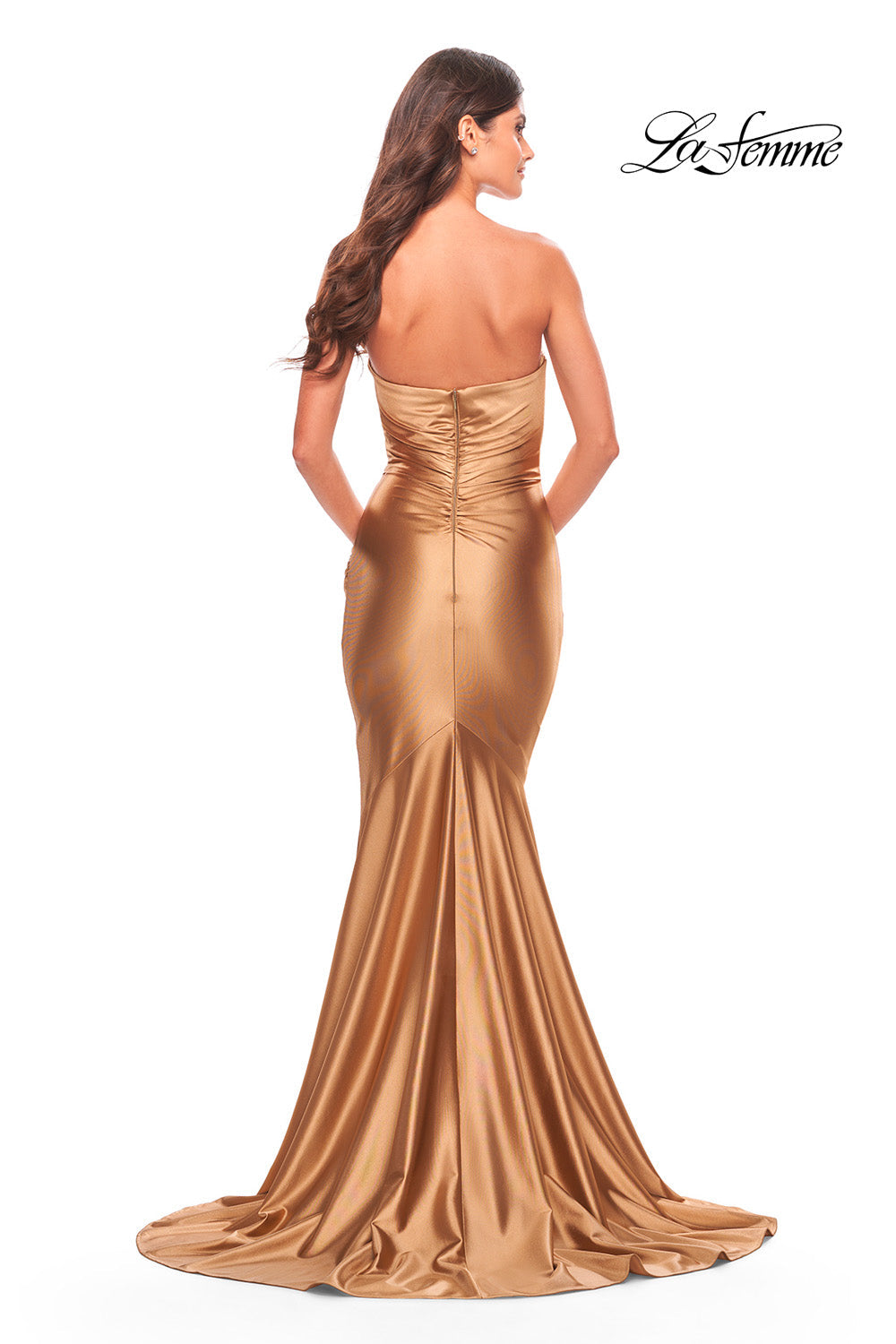 La Femme 31322 prom dress images.  La Femme 31322 is available in these colors: Bronze, Dark Emerald, Navy, Silver.