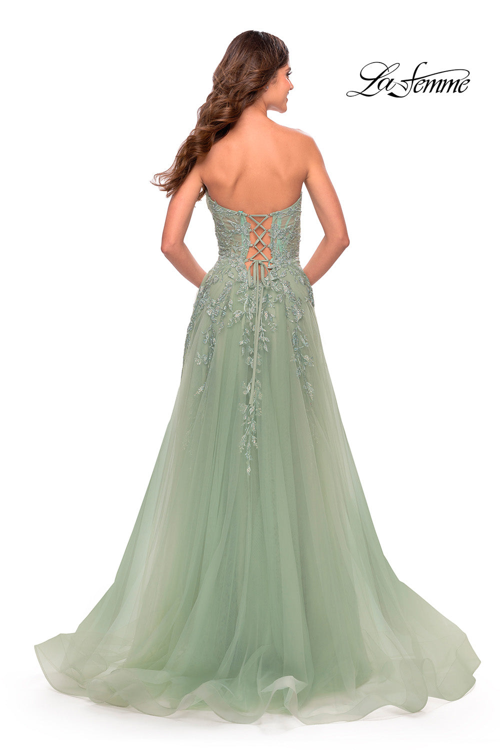 La Femme 31363 prom dress images.  La Femme 31363 is available in these colors: Dusty Mauve, Light Periwinkle, Sage.