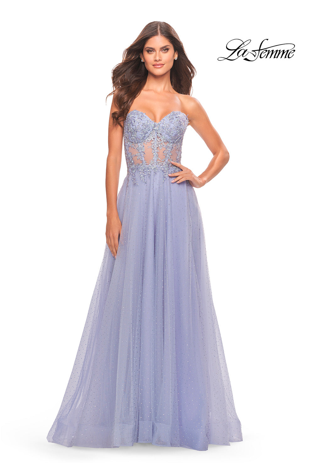 La Femme 31367 prom dress images.  La Femme 31367 is available in these colors: Cloud Blue, Light Periwinkle, Sage.