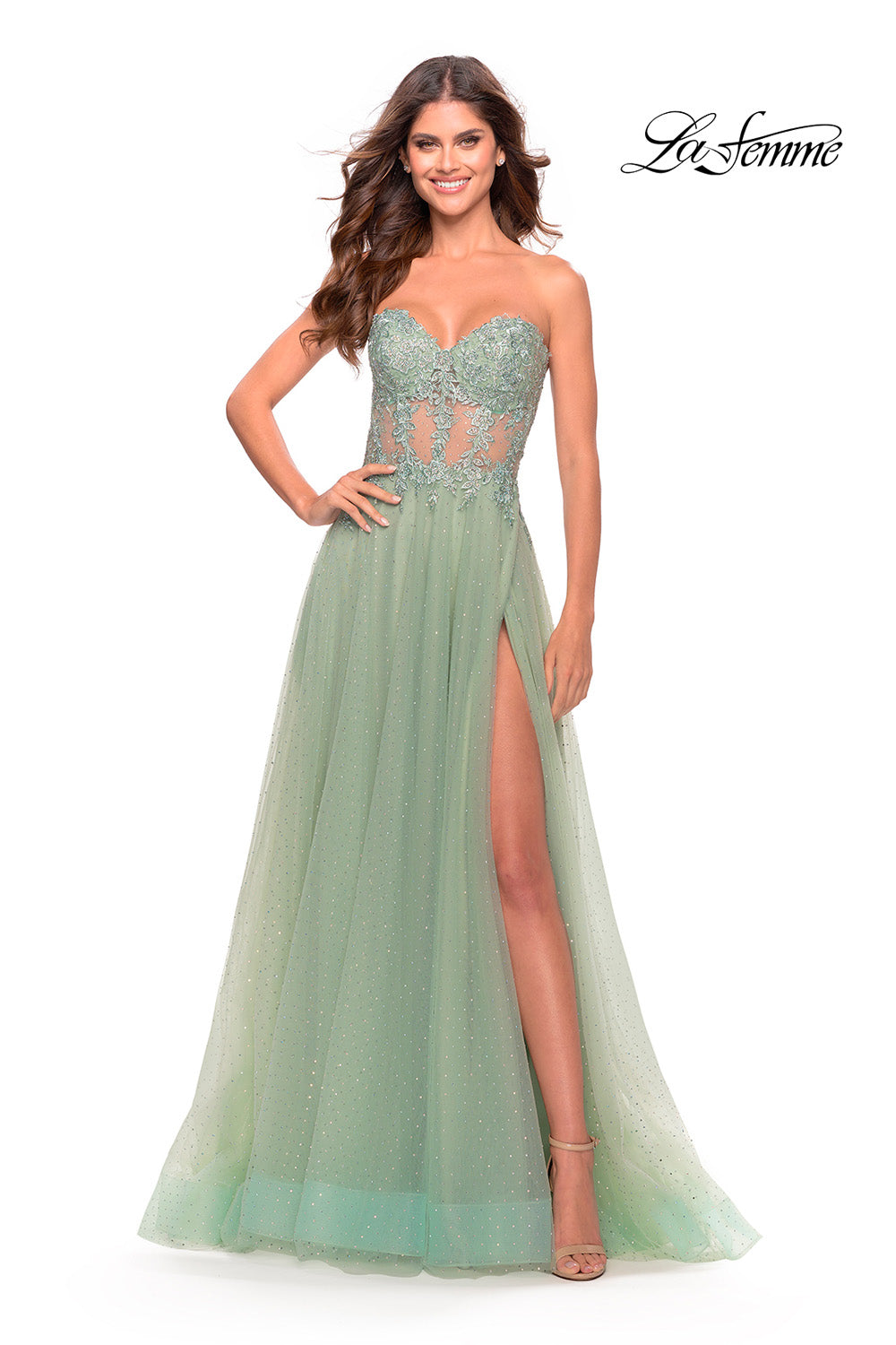 La Femme 31367 prom dress images.  La Femme 31367 is available in these colors: Cloud Blue, Light Periwinkle, Sage.