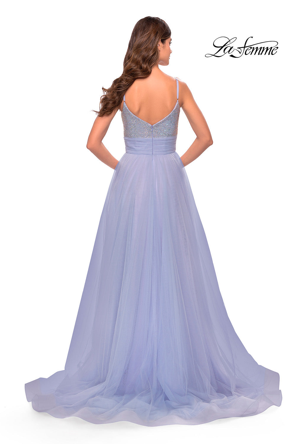 La Femme 31433 prom dress images.  La Femme 31433 is available in these colors: Light Periwinkle, Neon Pink.