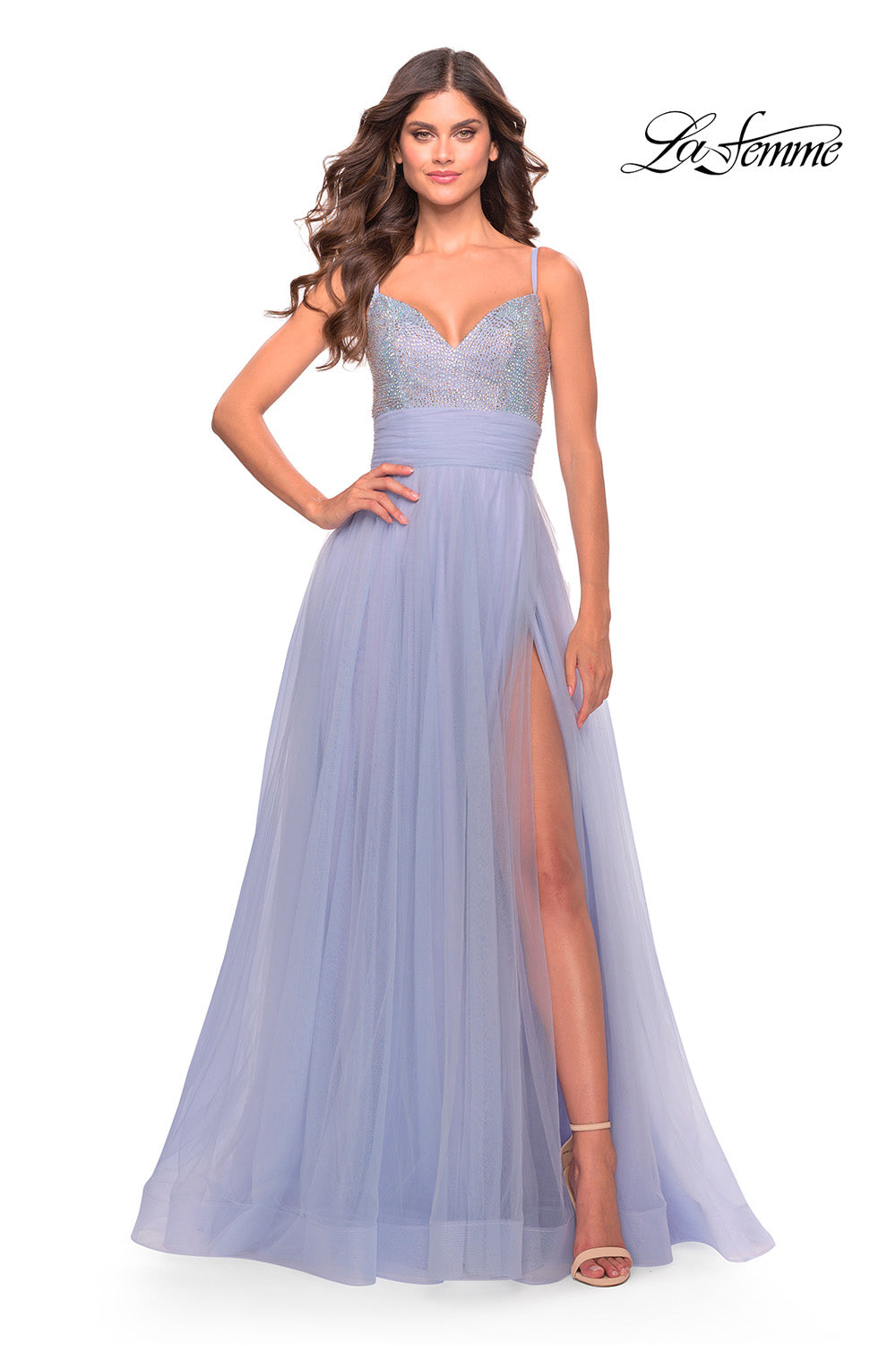 La Femme 31433 prom dress images.  La Femme 31433 is available in these colors: Light Periwinkle, Neon Pink.