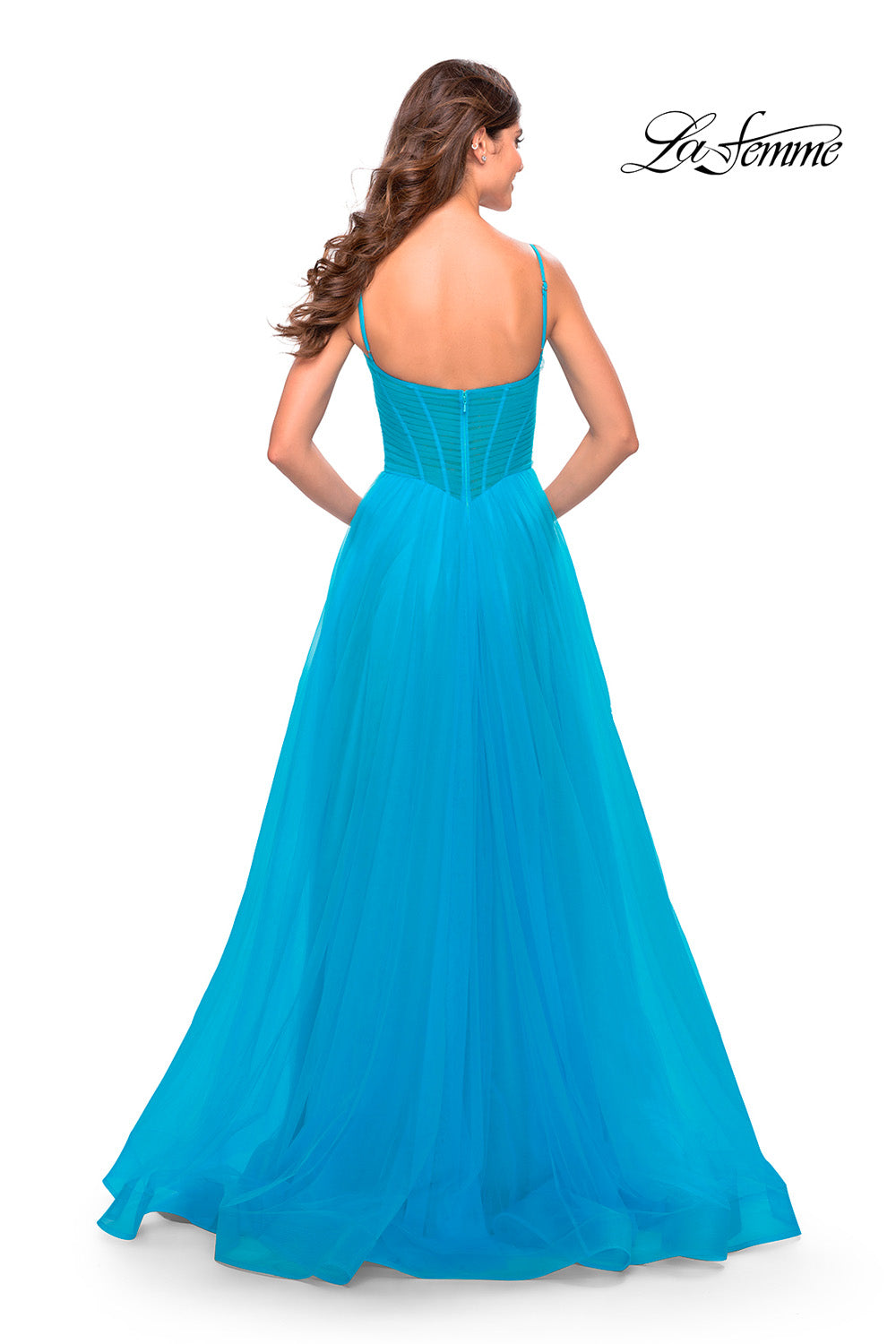 La Femme 31502 prom dress images.  La Femme 31502 is available in these colors: Aqua, Light Periwinkle, Sage.