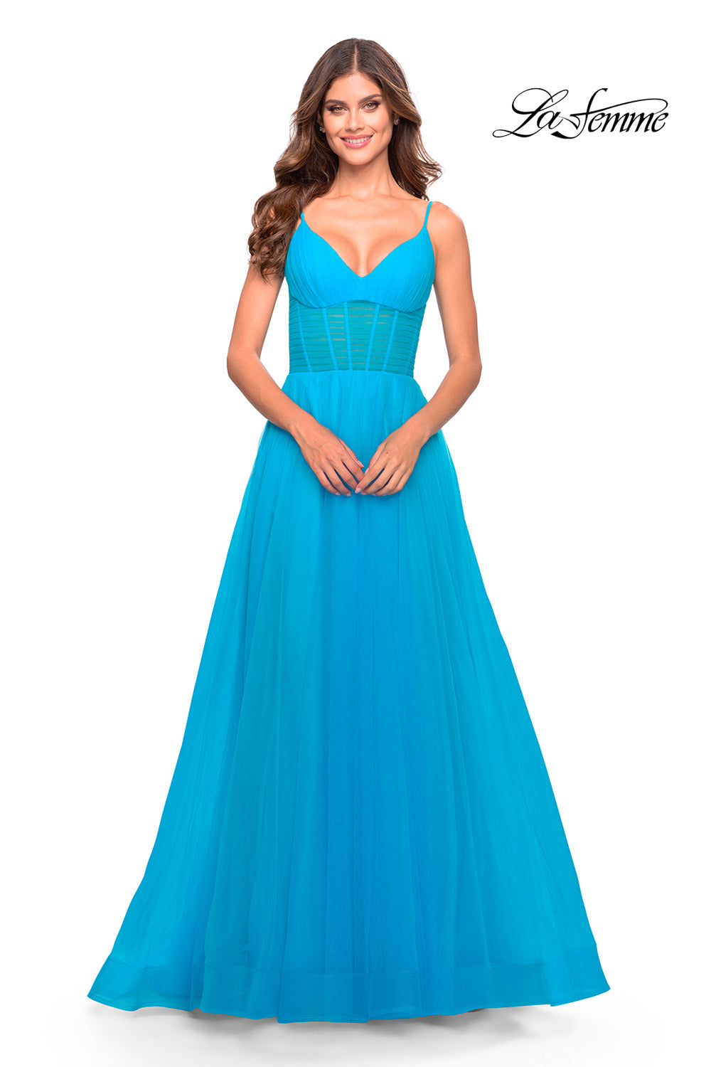 La Femme 31502 prom dress images.  La Femme 31502 is available in these colors: Aqua, Light Periwinkle, Sage.