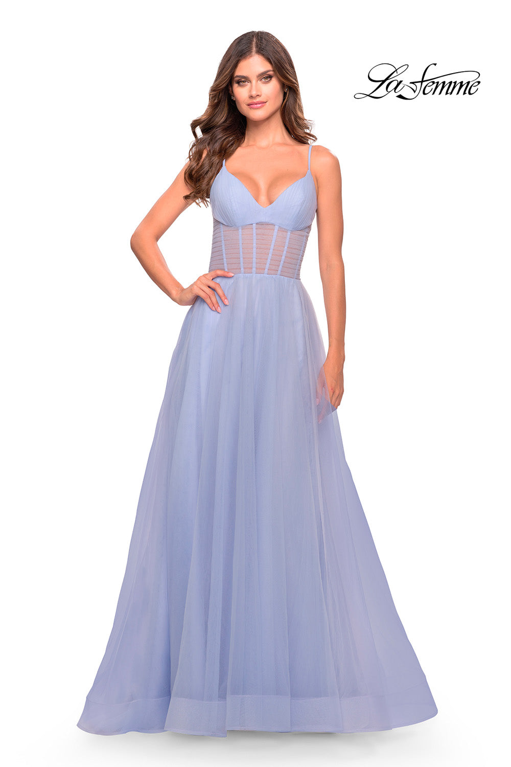 La Femme 31502 prom dress images.  La Femme 31502 is available in these colors: Aqua, Light Periwinkle, Sage.