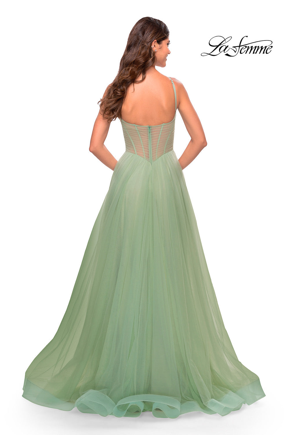 La Femme 31502 prom dress images.  La Femme 31502 is available in these colors: Aqua, Light Periwinkle, Sage.