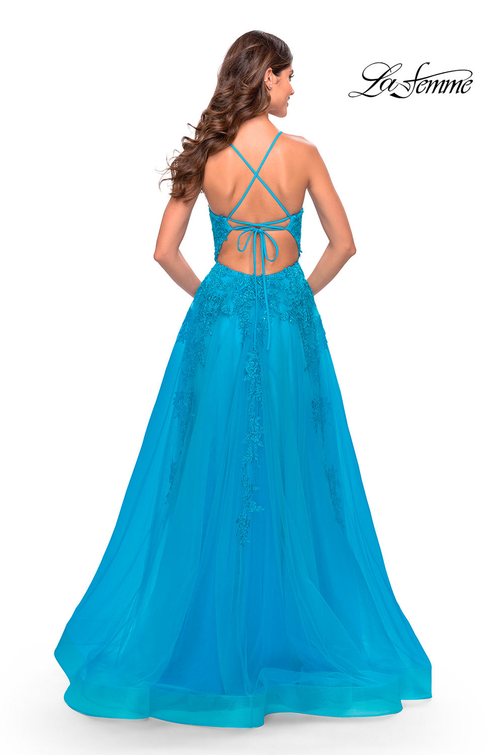 La Femme 31503 prom dress images.  La Femme 31503 is available in these colors: Aqua, Light Periwinkle, Sage.