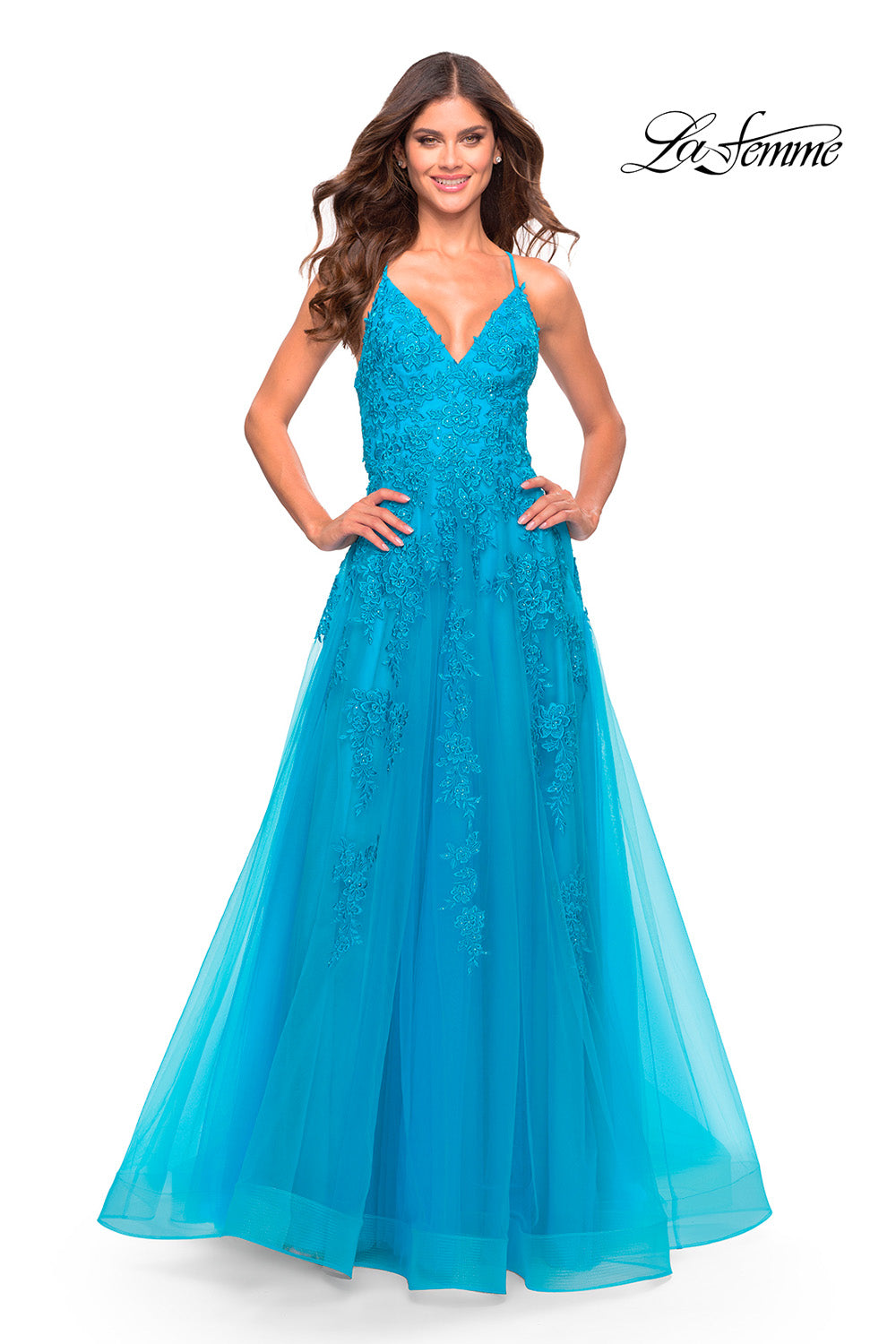 La Femme 31503 prom dress images.  La Femme 31503 is available in these colors: Aqua, Light Periwinkle, Sage.