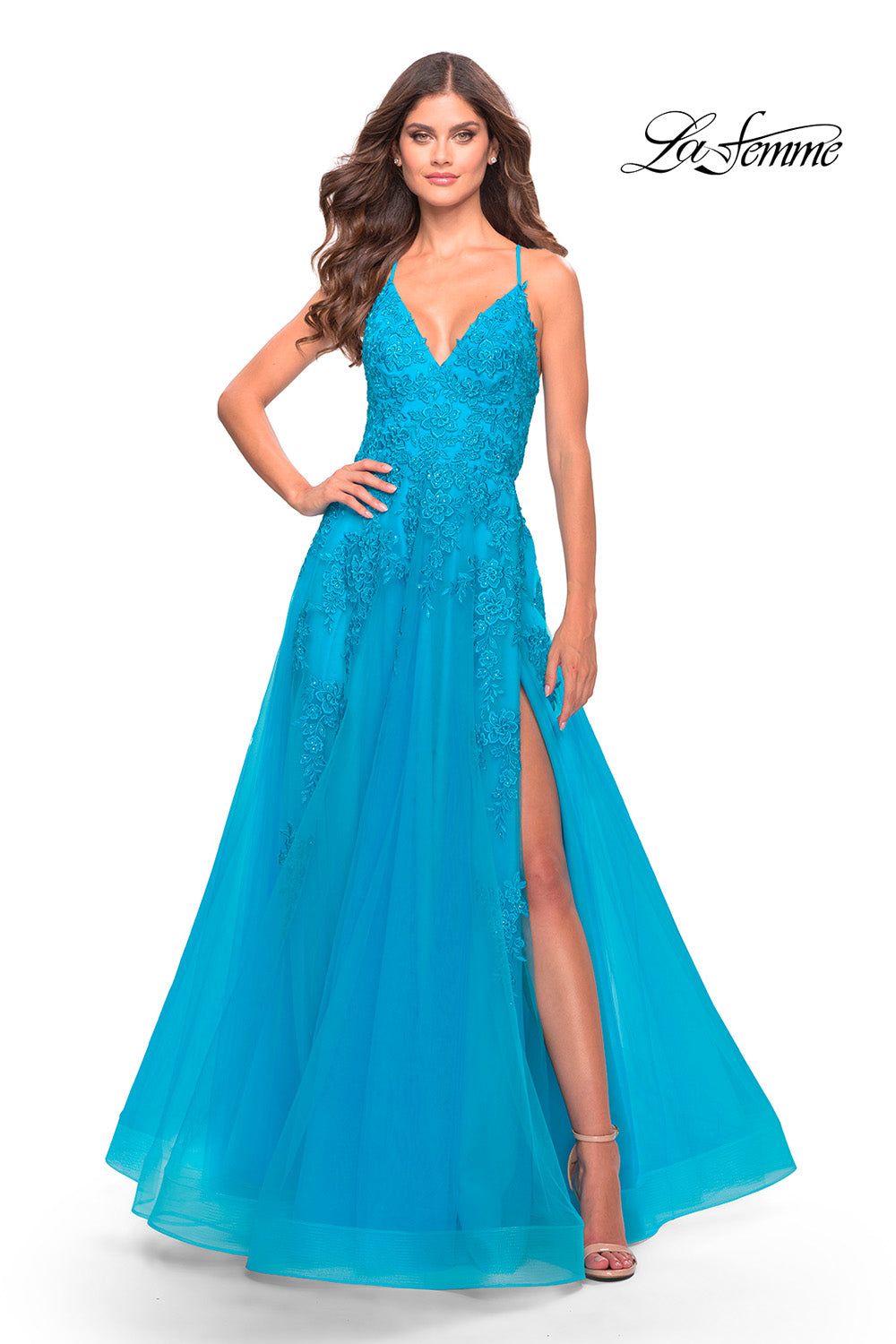 La Femme 31503 prom dress images.  La Femme 31503 is available in these colors: Aqua, Light Periwinkle, Sage.