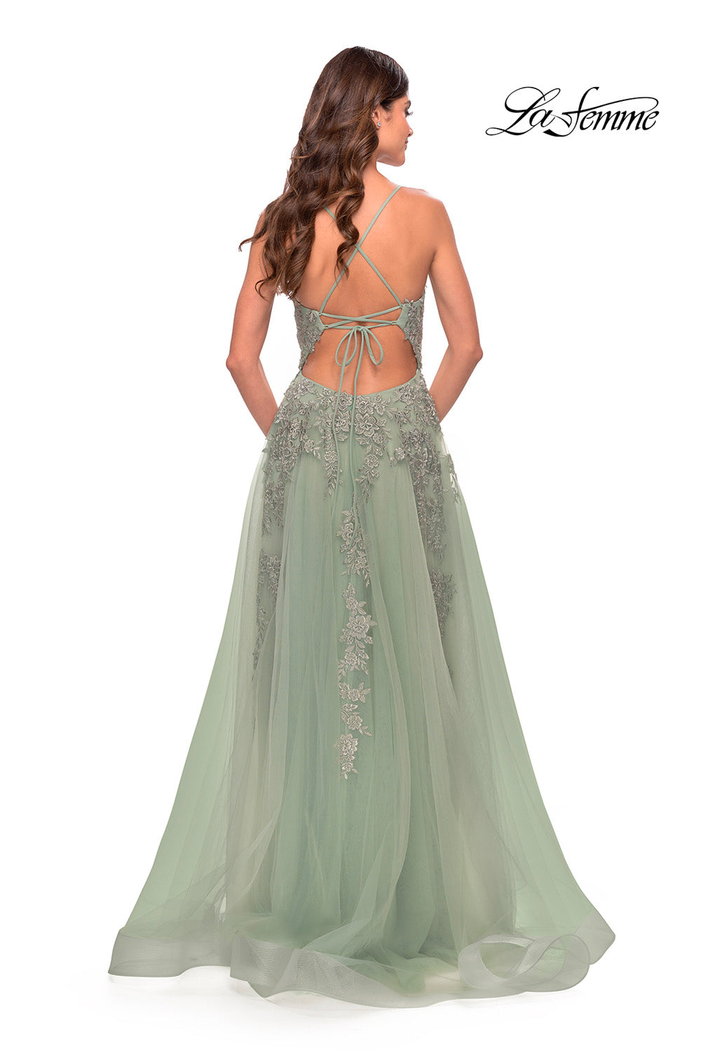 La Femme 31503 prom dress images.  La Femme 31503 is available in these colors: Aqua, Light Periwinkle, Sage.