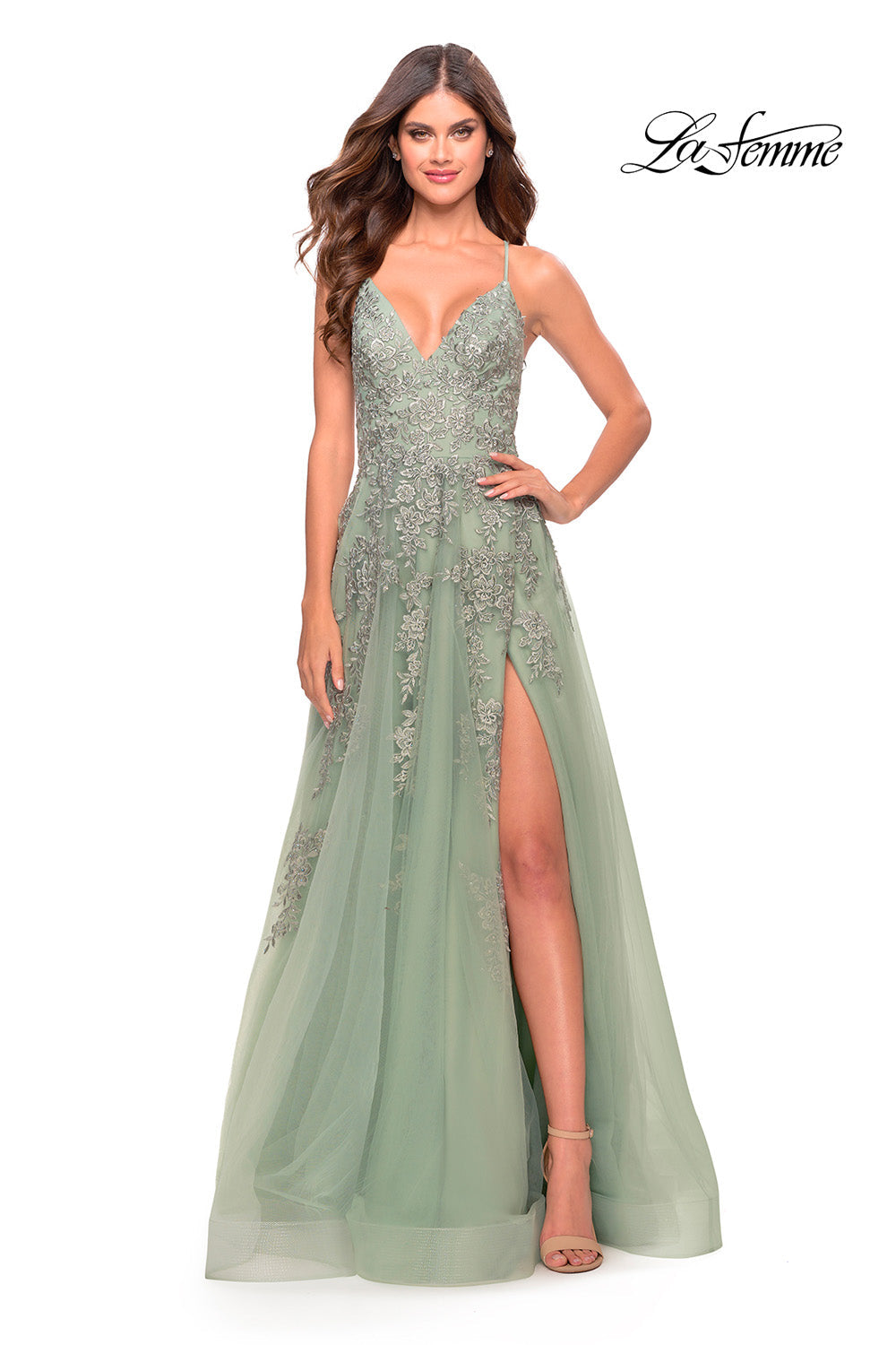 La Femme 31503 prom dress images.  La Femme 31503 is available in these colors: Aqua, Light Periwinkle, Sage.