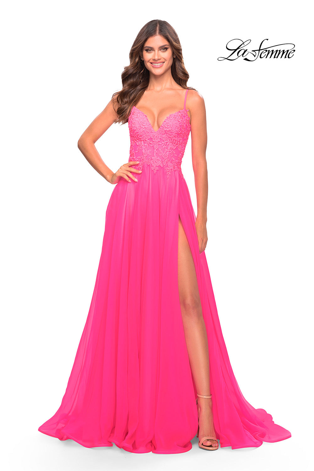 La Femme 31506 prom dress images.  La Femme 31506 is available in these colors: Neon Pink.