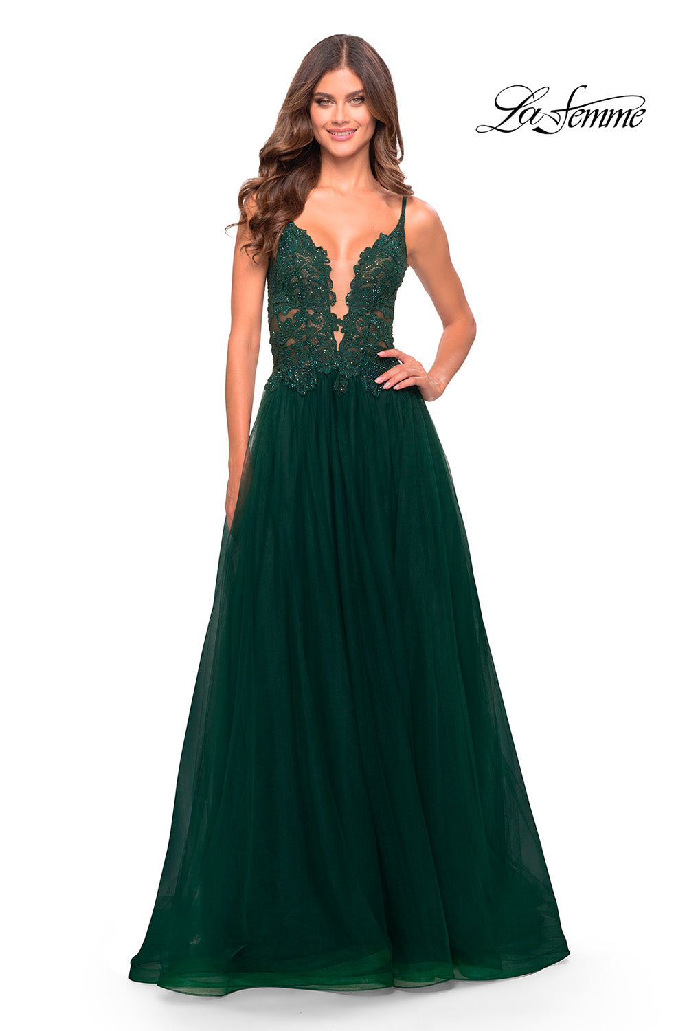 La Femme 31507 prom dress images.  La Femme 31507 is available in these colors: Dark Emerald, Dusty Mauve, Red.