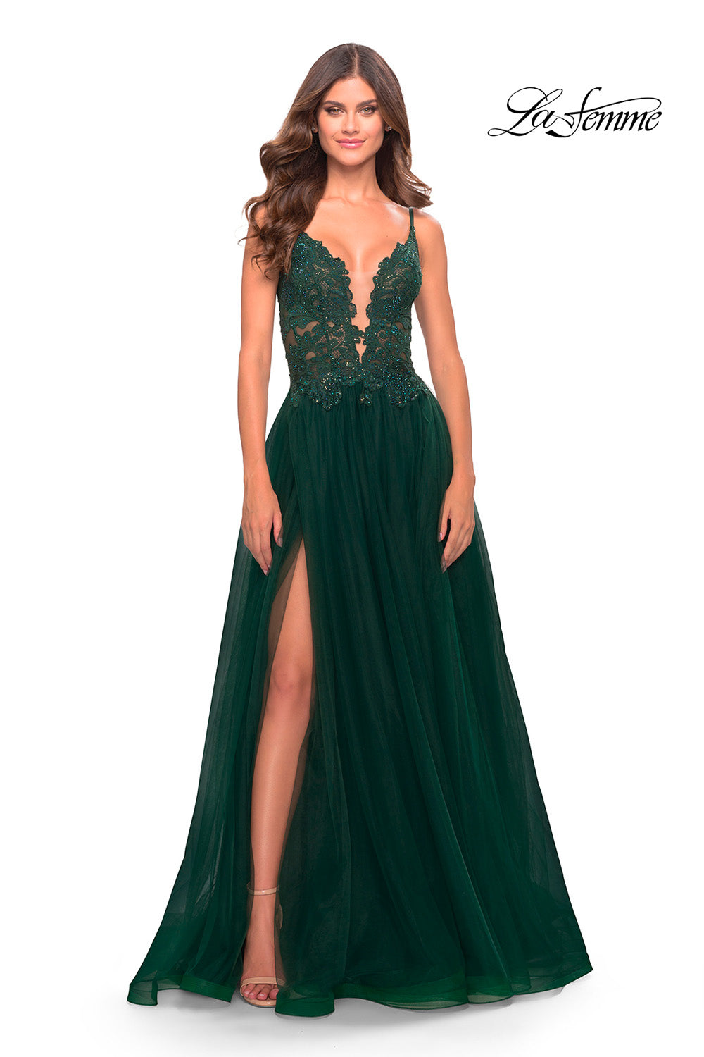 La Femme 31507 prom dress images.  La Femme 31507 is available in these colors: Dark Emerald, Dusty Mauve, Red.