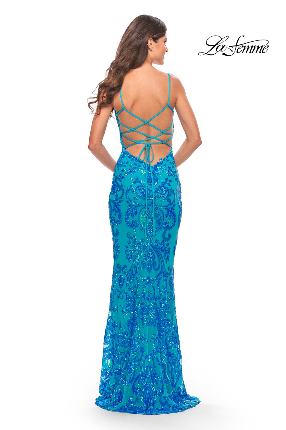 La Femme 31521 prom dress images.  La Femme 31521 is available in these colors: Aqua, Lavender, Neon Pink.