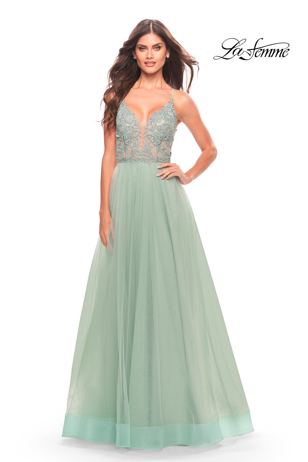 La Femme 31542 prom dress images.  La Femme 31542 is available in these colors: Light Periwinkle, Sage.