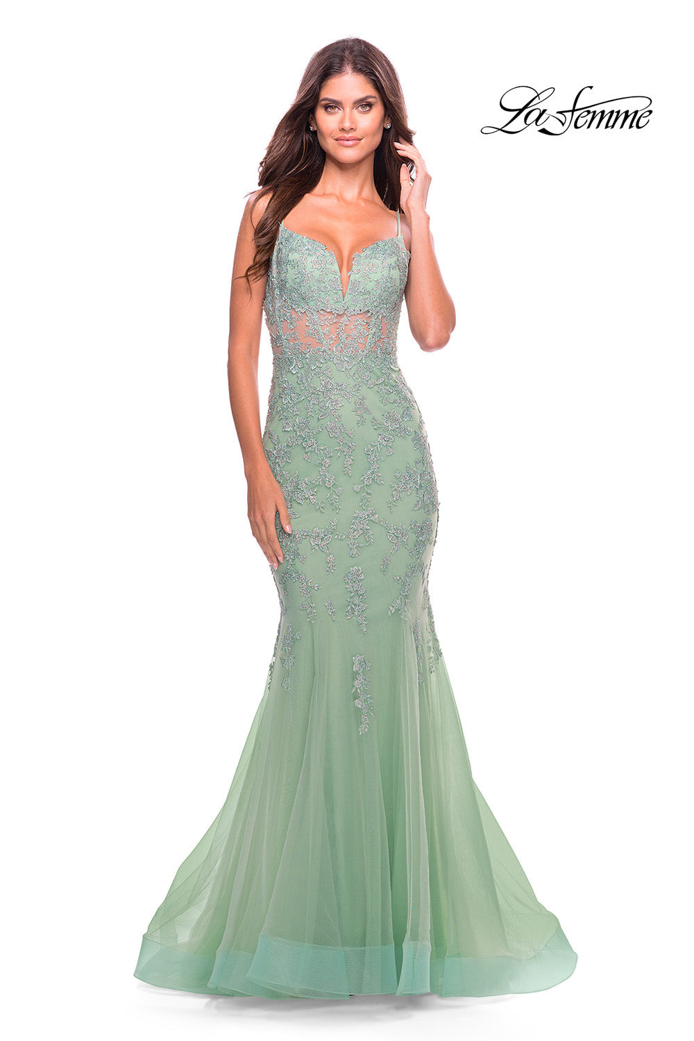 La Femme 31579 prom dress images.  La Femme 31579 is available in these colors: Cloud Blue, Sage.