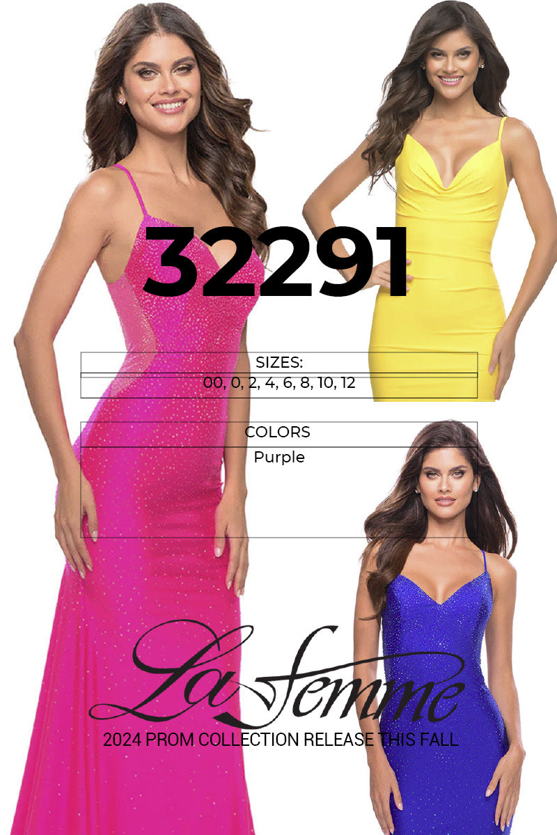 La Femme 32291 prom dress images.  La Femme 32291 is available in these colors: Purple.