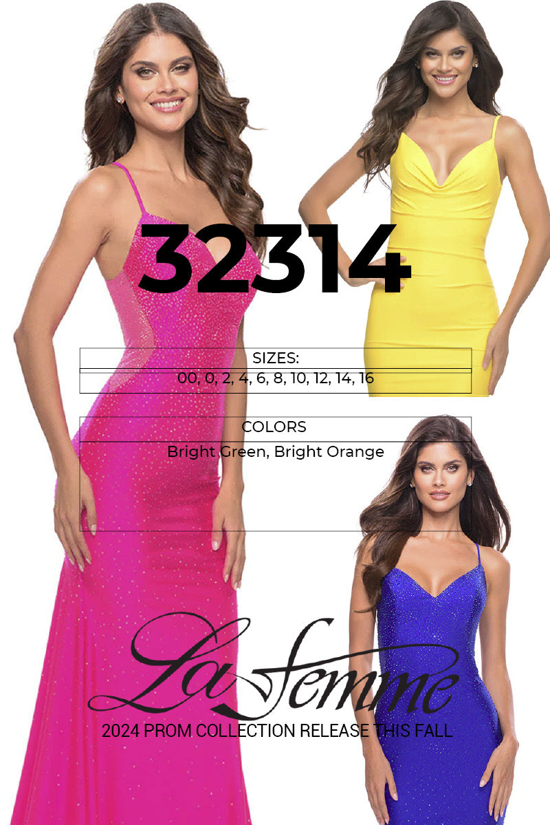 La Femme 32314 prom dress images.  La Femme 32314 is available in these colors: Bright Green, Bright Orange.