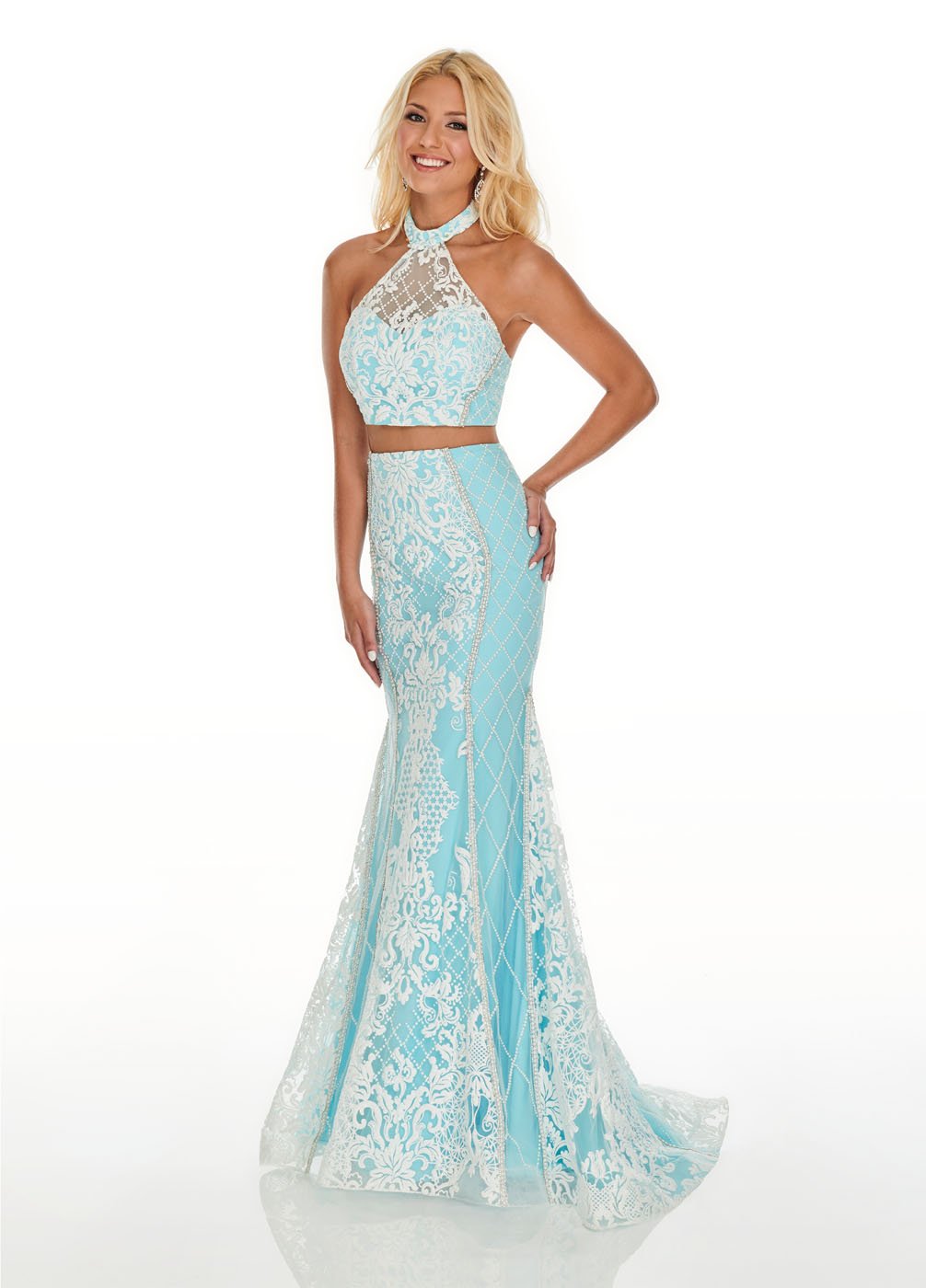 Rachel Allan 7003 prom dress images.  Rachel Allan 7003 is available in these colors: White Aqua, White Coral, White Nude.