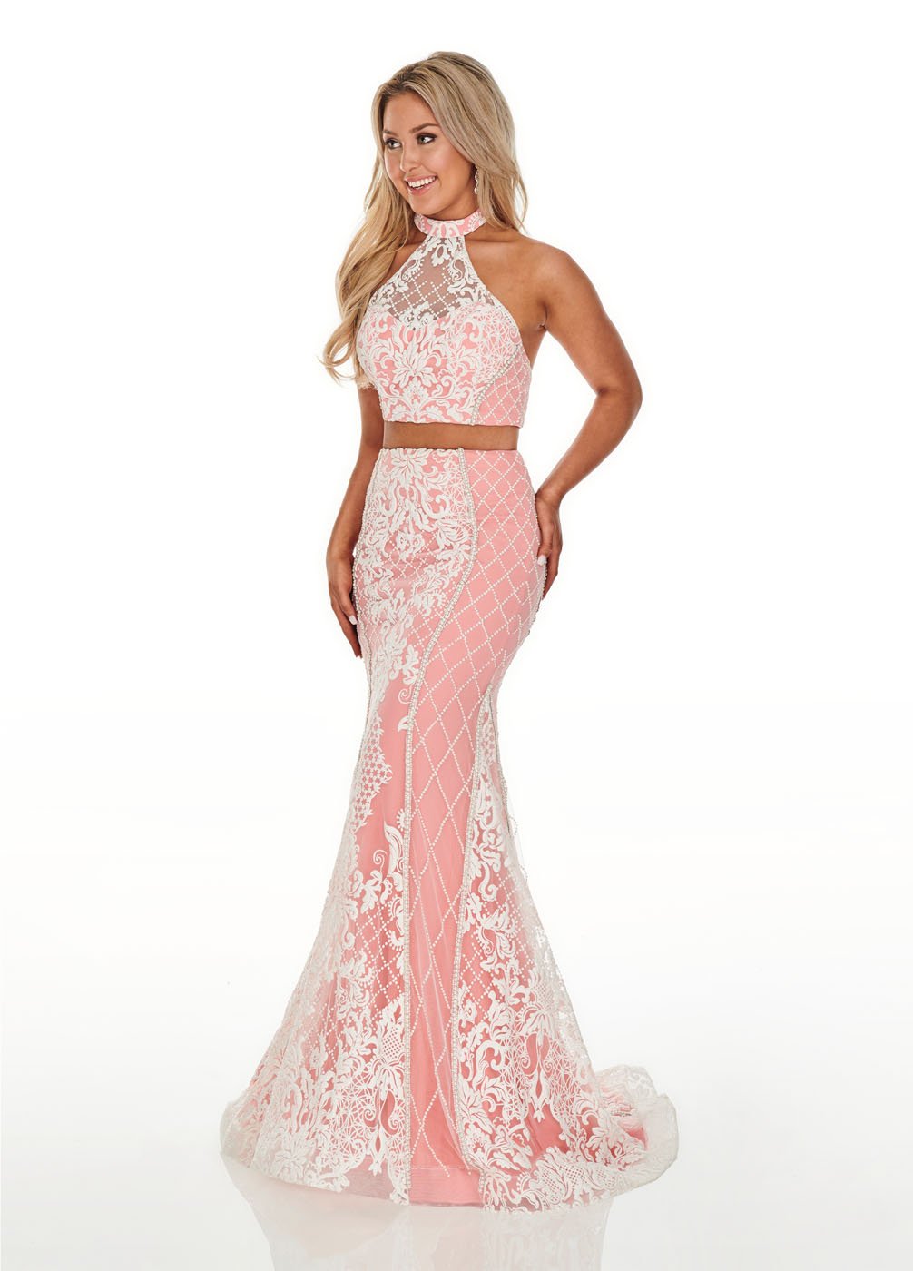 Rachel Allan 7003 prom dress images.  Rachel Allan 7003 is available in these colors: White Aqua, White Coral, White Nude.